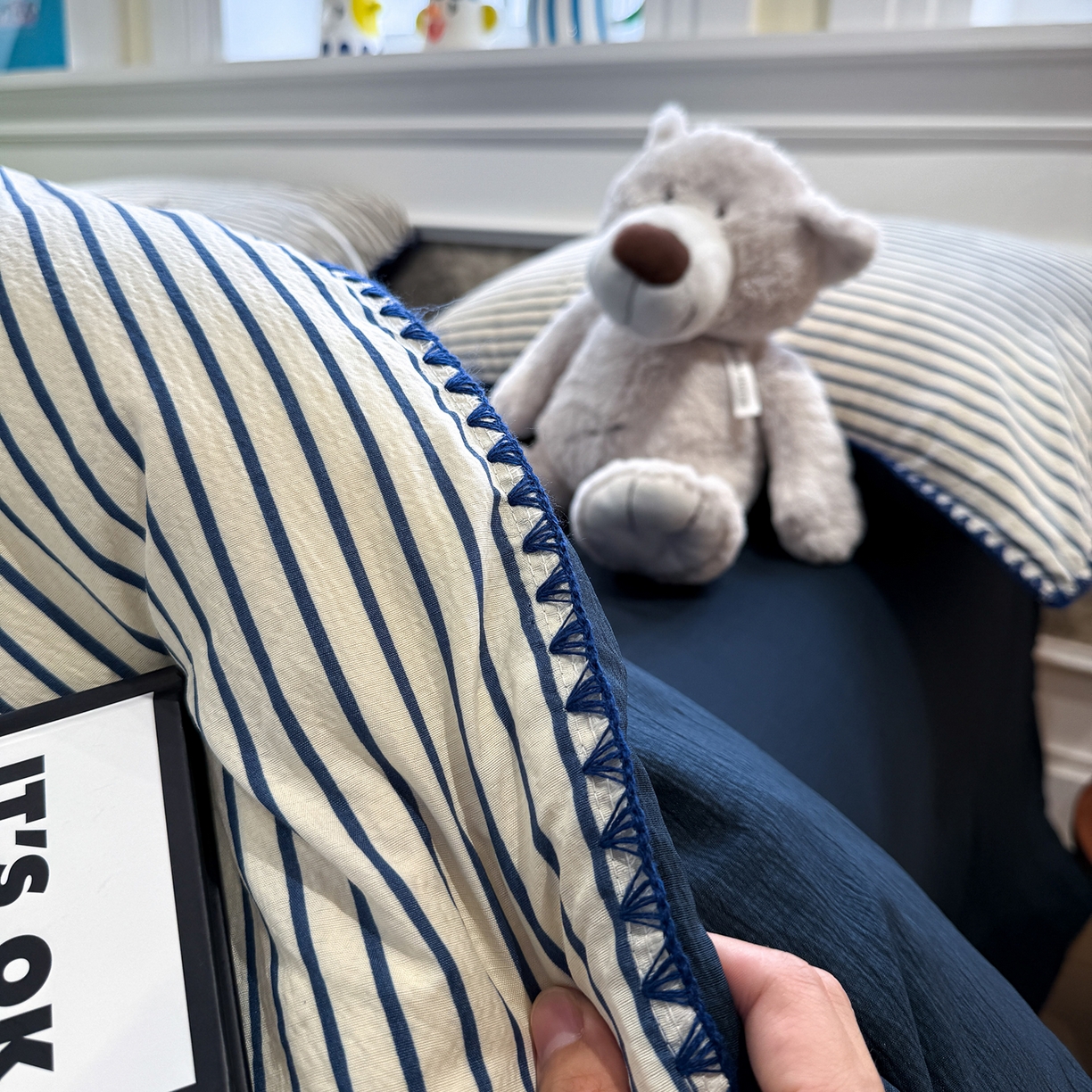 91家纺网 家纺一手货源 找家纺 水墨江南 2026新款条格系列贝壳边三角针四件套 海岸蓝