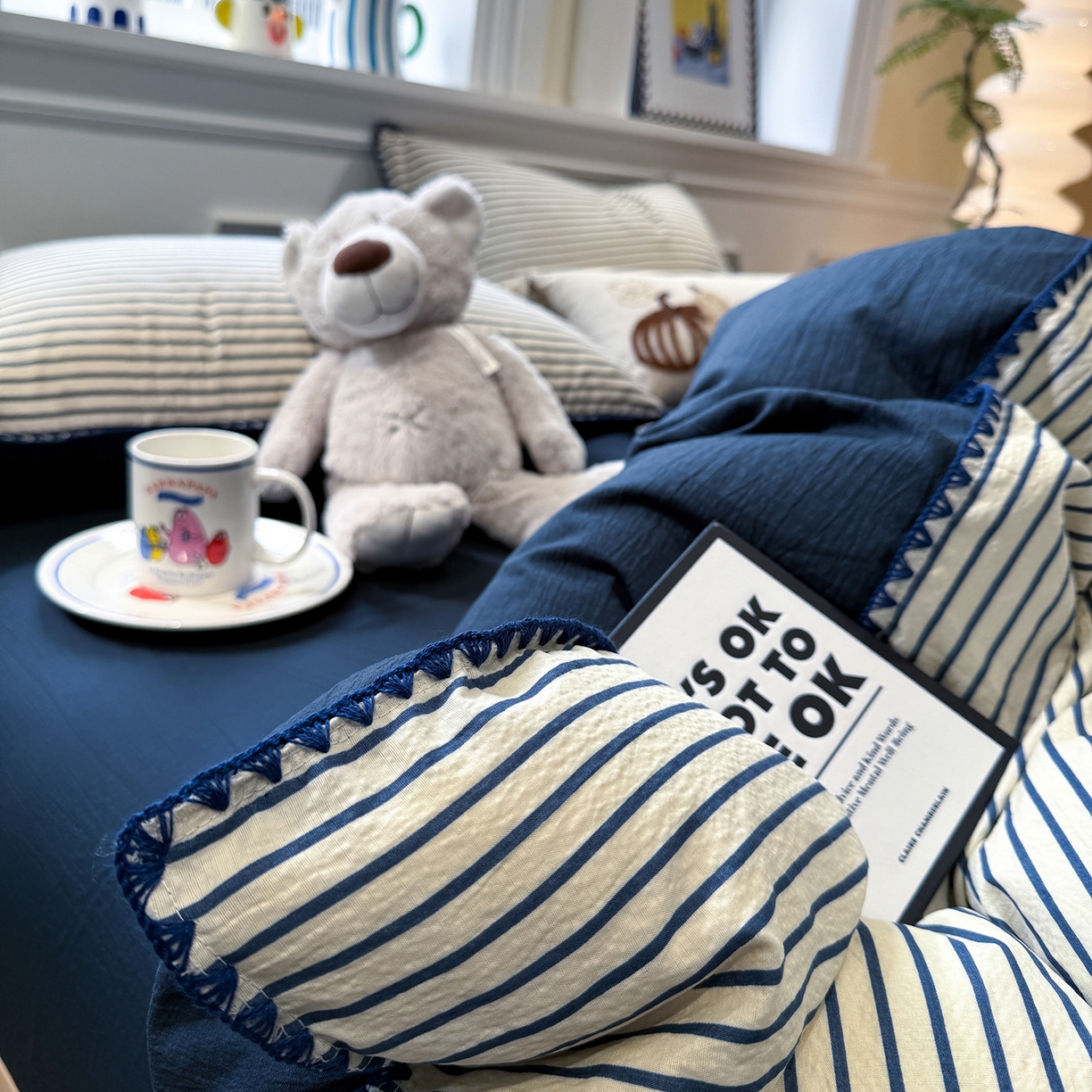 91家纺网 家纺一手货源 找家纺 水墨江南 2026新款条格系列贝壳边三角针四件套 海岸蓝