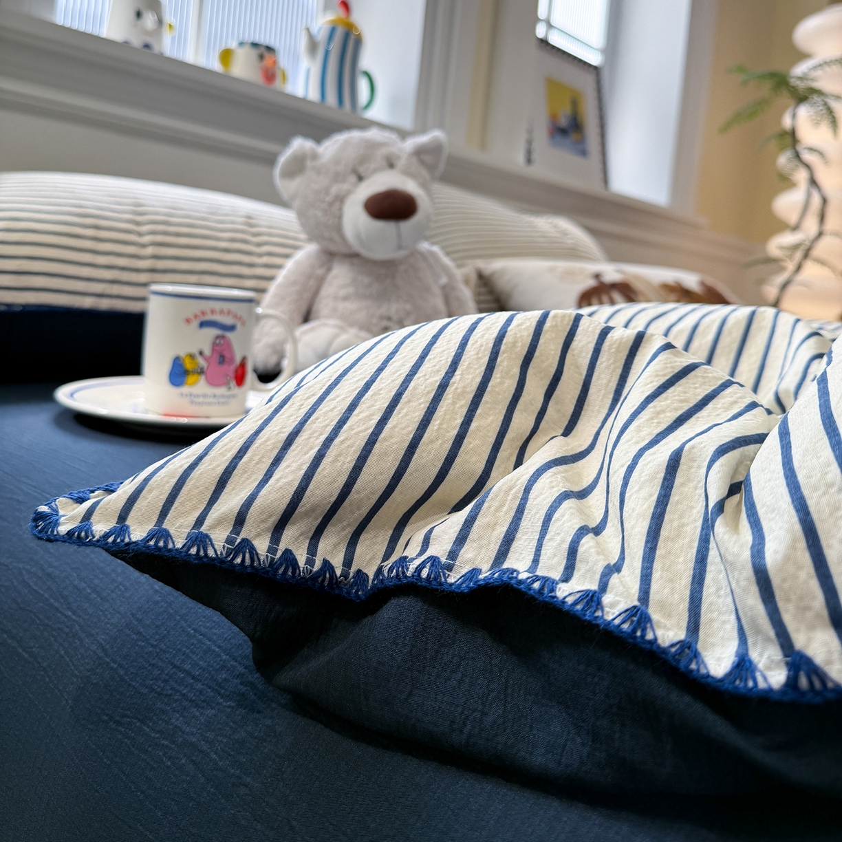 91家纺网 家纺一手货源 找家纺 水墨江南 2026新款条格系列贝壳边三角针四件套 海岸蓝