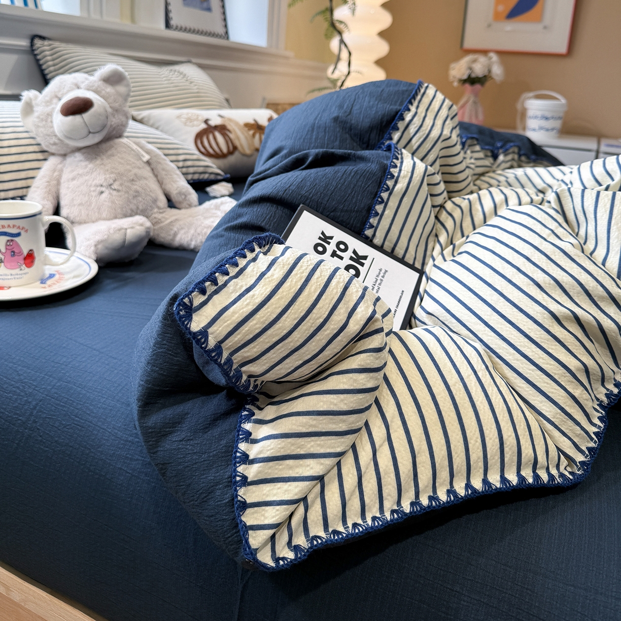 91家纺网 家纺一手货源 找家纺 水墨江南 2026新款条格系列贝壳边三角针四件套 海岸蓝