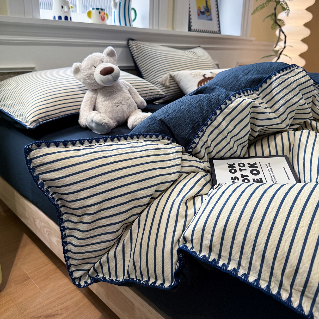 水墨江南 2026新款条格系列贝壳边三角针四件套 海岸蓝