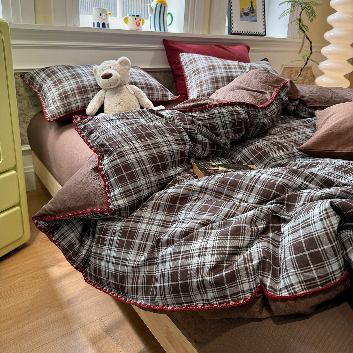 水墨江南 2026新款条格系列贝壳边三角针四件套 布朗尼咖