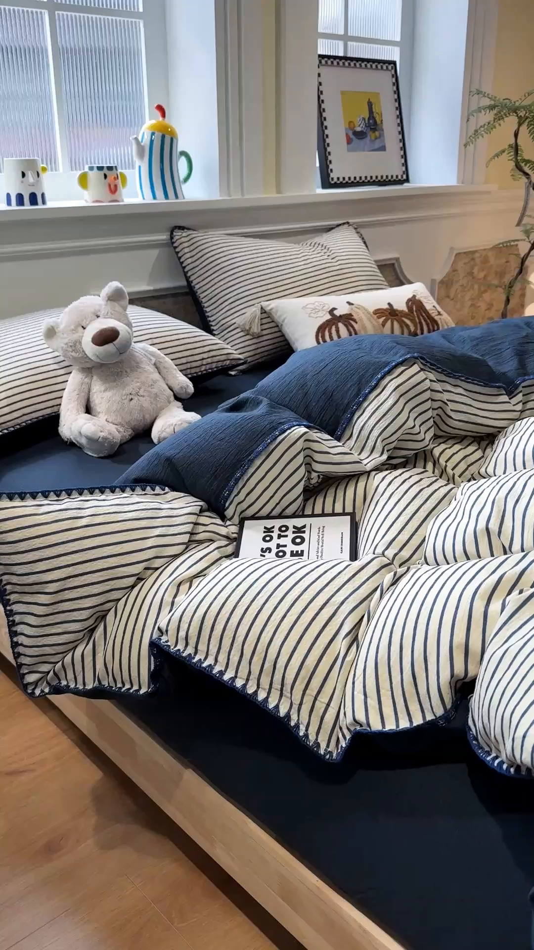 91家纺网 家纺一手货源 找家纺 水墨江南 2026新款条格系列贝壳边三角针四件套 海岸蓝