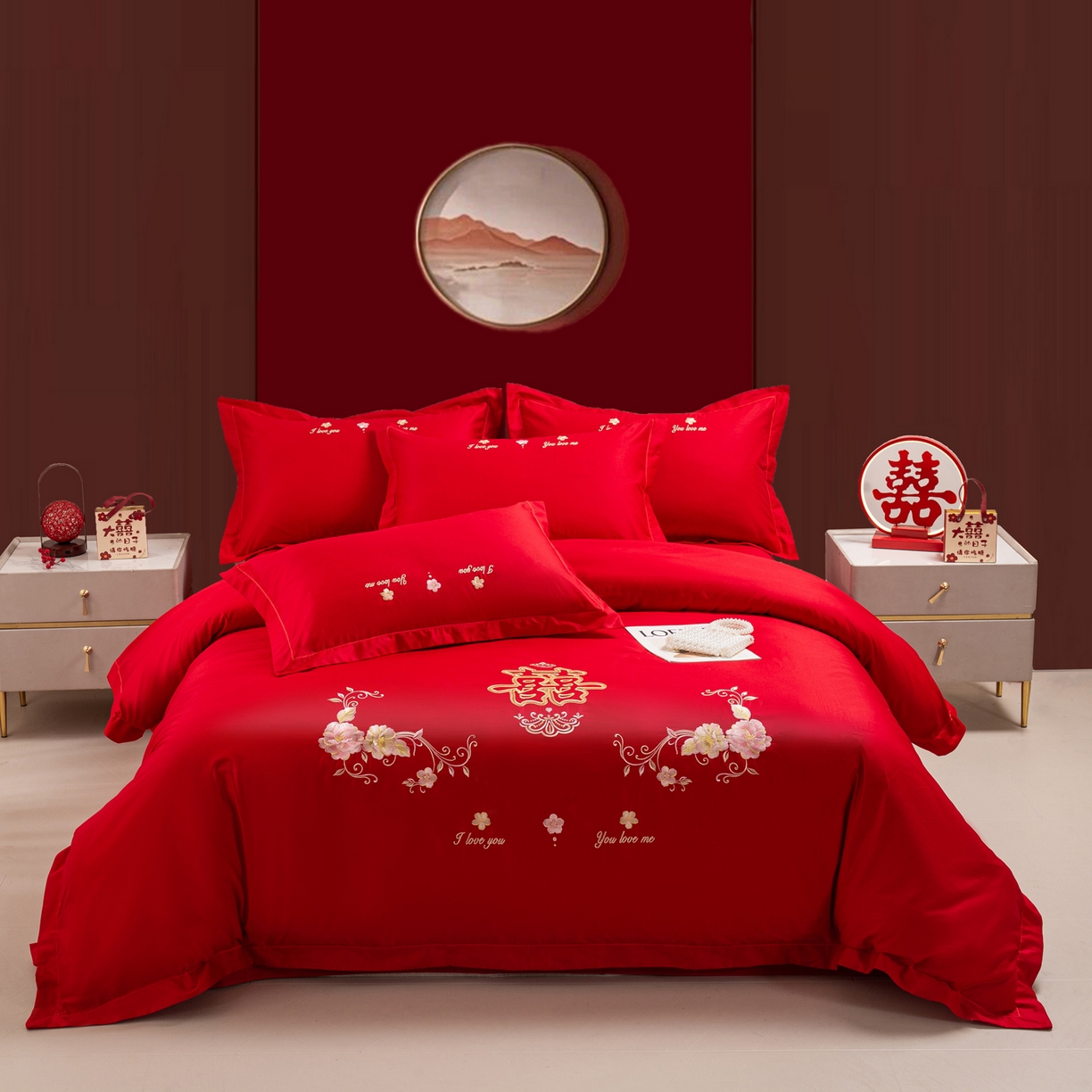 91家纺网 家纺一手货源 找家纺 （总）银石 2026新款长绒棉婚庆绣花四件套