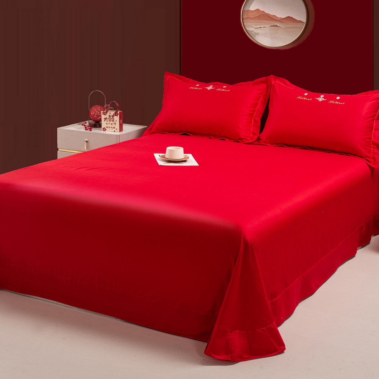 91家纺网 家纺一手货源 找家纺 银石 2026新款婚庆全棉刺绣四件套 花团锦簇