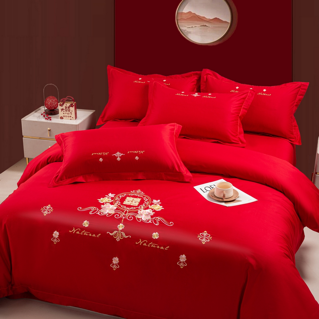 91家纺网 家纺一手货源 找家纺 银石 2026新款婚庆全棉刺绣四件套 花团锦簇