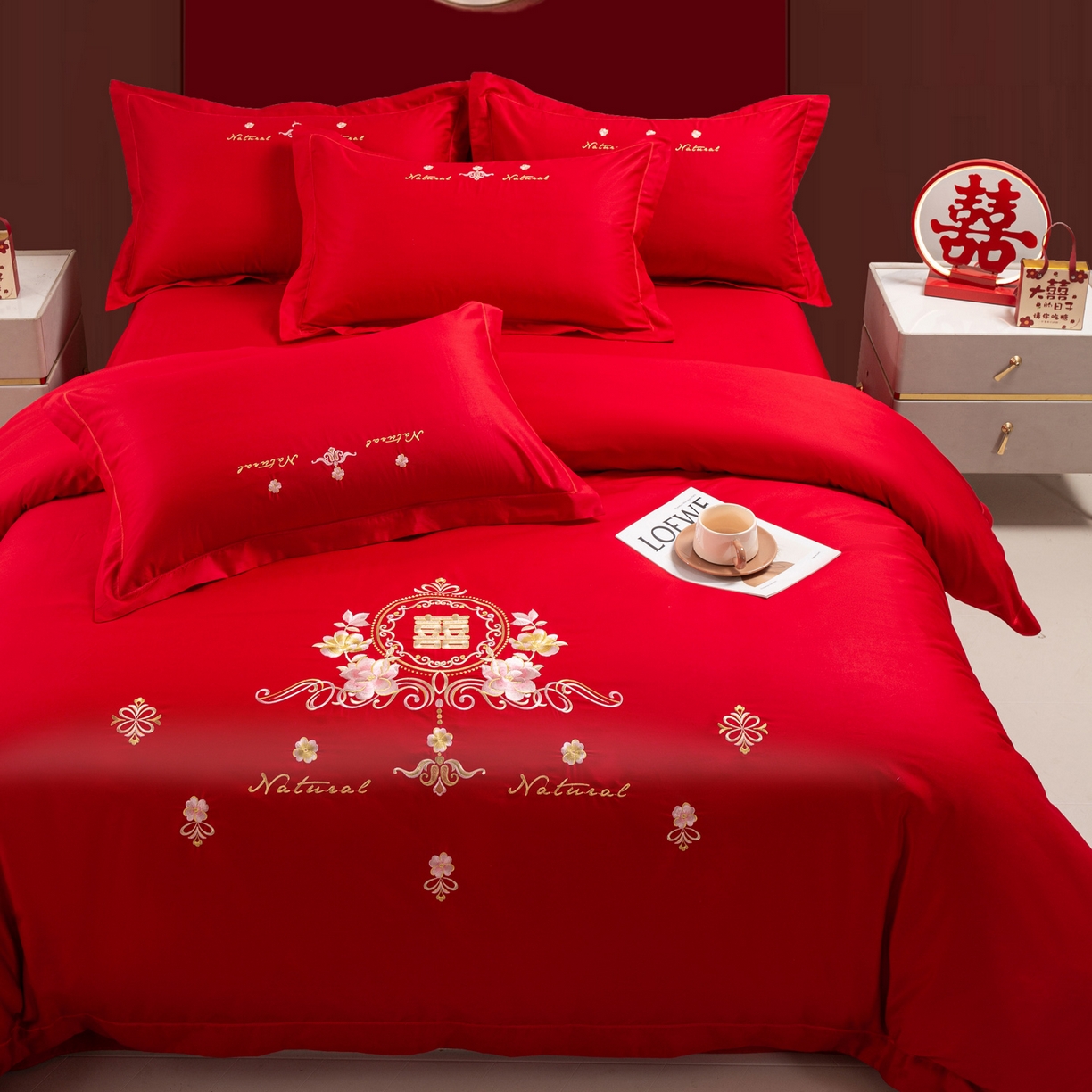 91家纺网 家纺一手货源 找家纺 银石 2026新款婚庆全棉刺绣四件套 花团锦簇