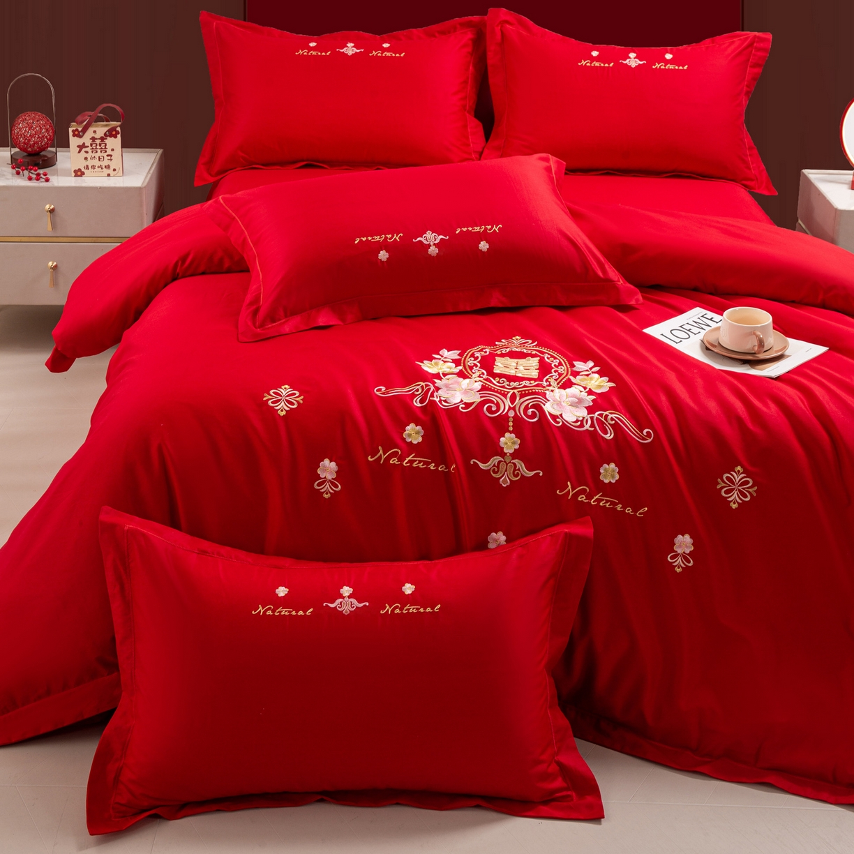 91家纺网 家纺一手货源 找家纺 银石 2026新款婚庆全棉刺绣四件套 花团锦簇