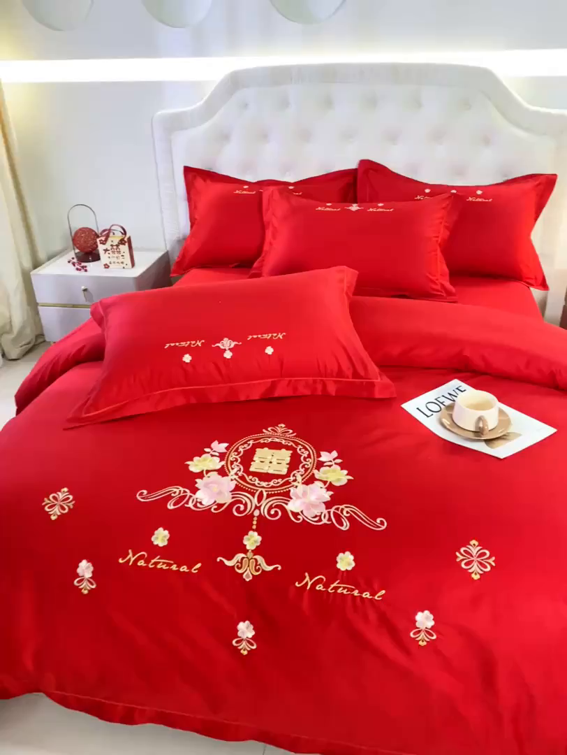 91家纺网 家纺一手货源 找家纺 银石 2026新款婚庆全棉刺绣四件套 花团锦簇