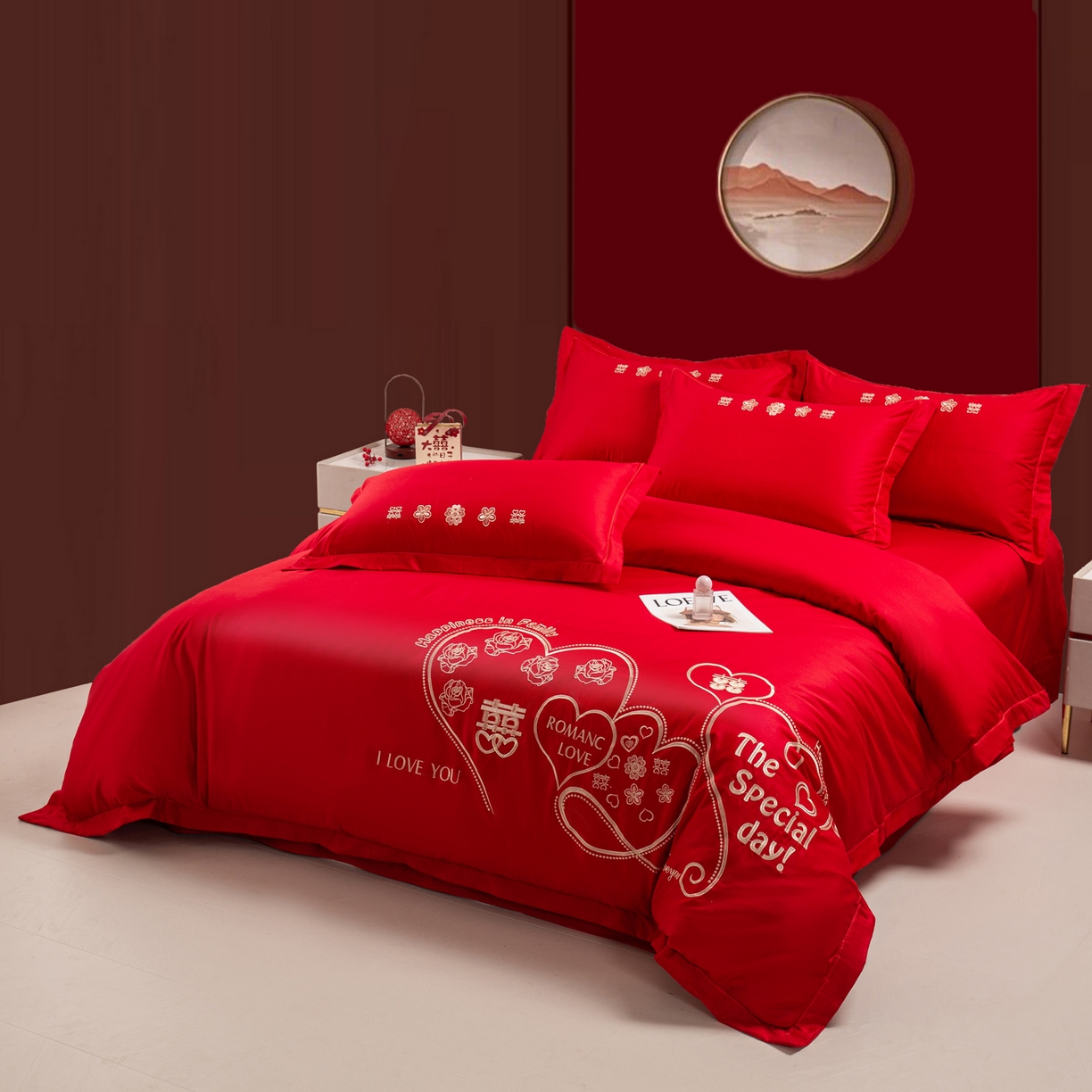 91家纺网 家纺一手货源 找家纺 银石 2026新款婚庆全棉刺绣四件套 浪漫爱情