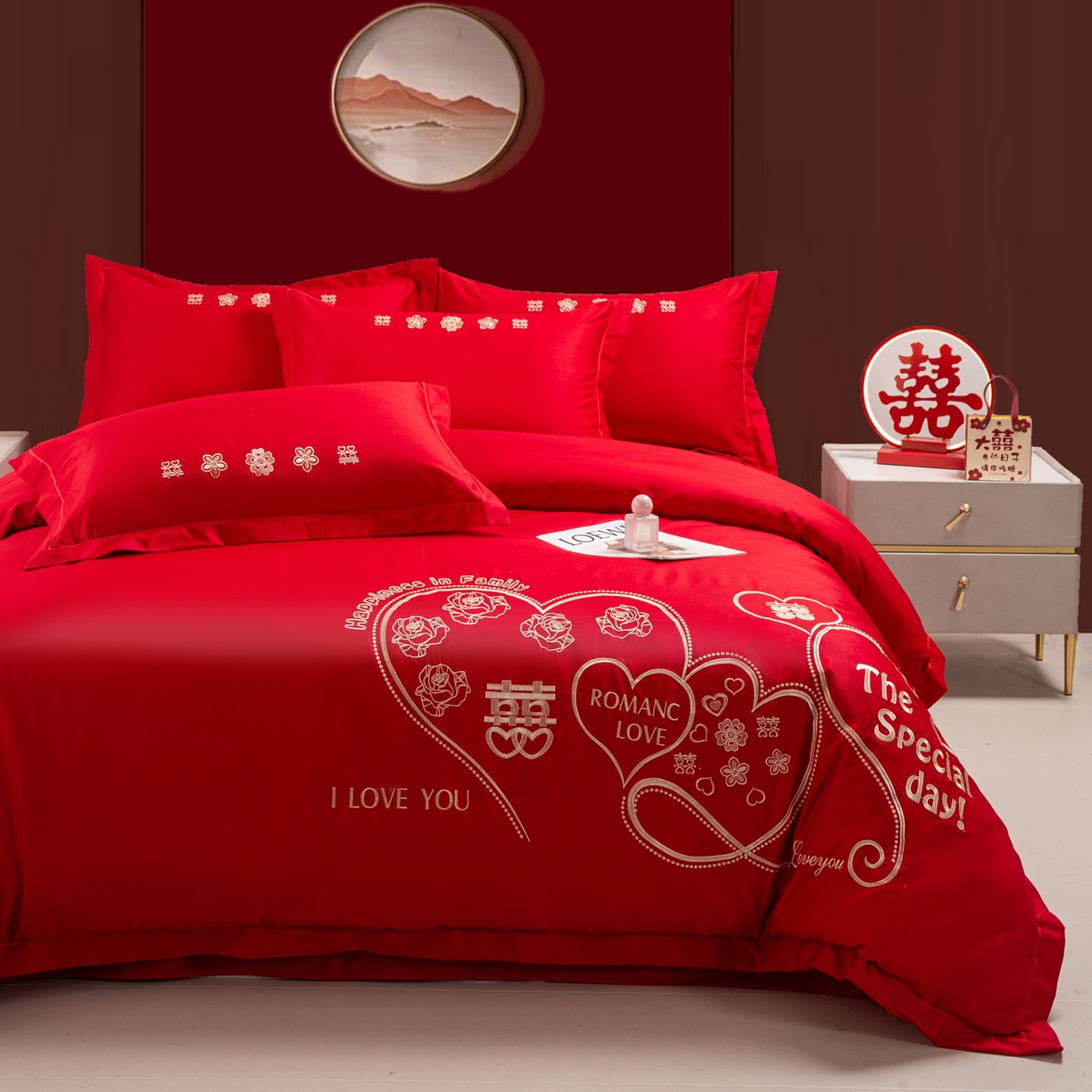 91家纺网 家纺一手货源 找家纺 银石 2026新款婚庆全棉刺绣四件套 浪漫爱情