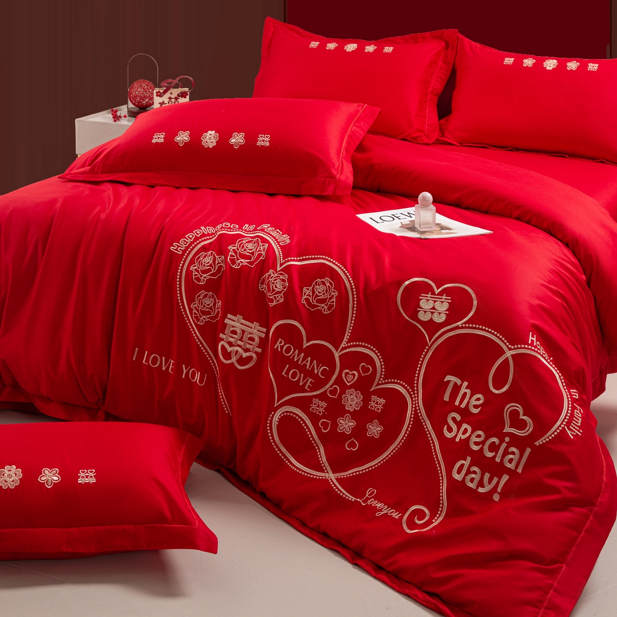 91家纺网 家纺一手货源 找家纺 银石 2026新款婚庆全棉刺绣四件套 浪漫爱情