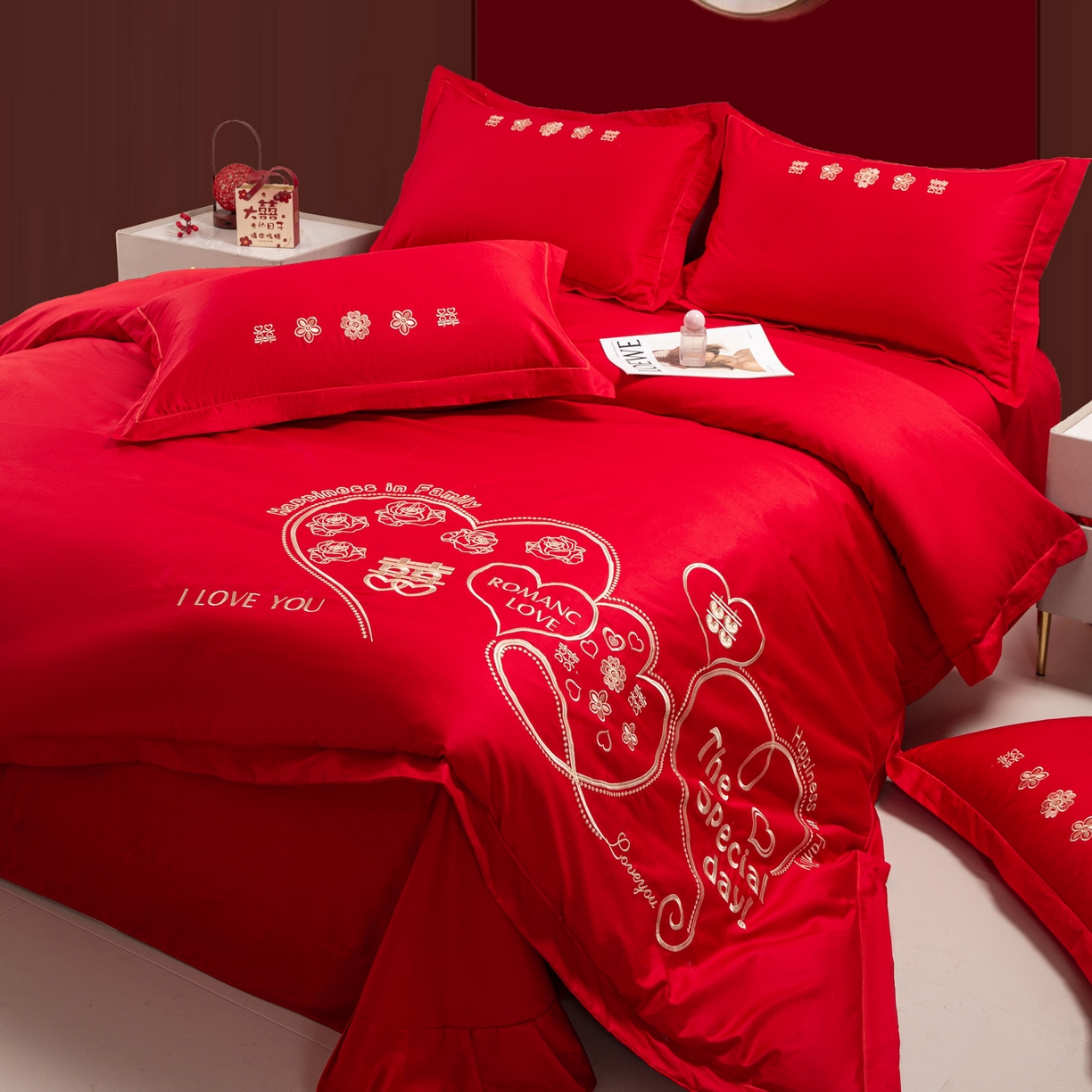 91家纺网 家纺一手货源 找家纺 银石 2026新款婚庆全棉刺绣四件套 浪漫爱情