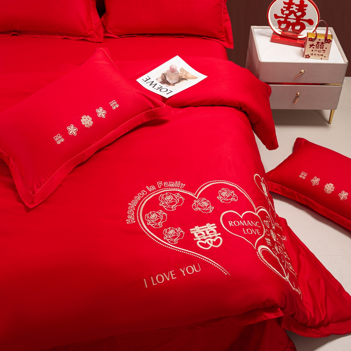 91家纺网 家纺一手货源 找家纺 银石 2026新款婚庆全棉刺绣四件套 浪漫爱情