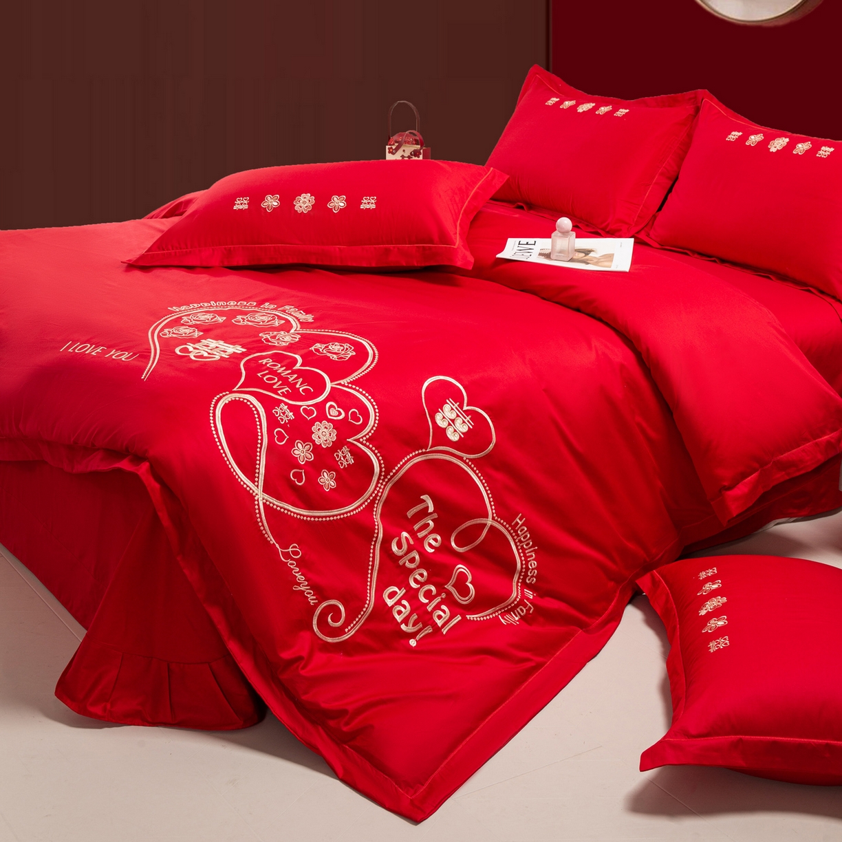 91家纺网 家纺一手货源 找家纺 银石 2026新款婚庆全棉刺绣四件套 浪漫爱情