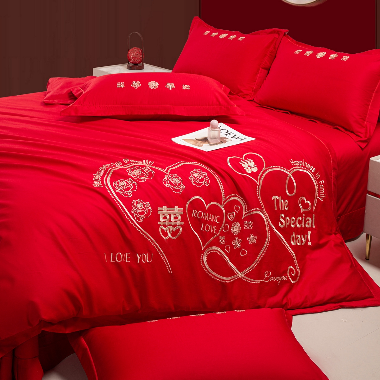 91家纺网 家纺一手货源 找家纺 银石 2026新款婚庆全棉刺绣四件套 浪漫爱情