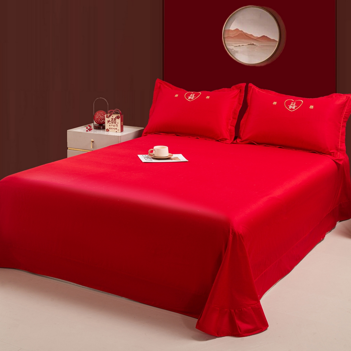 91家纺网 家纺一手货源 找家纺 银石 2026新款婚庆全棉刺绣四件套 情投意合