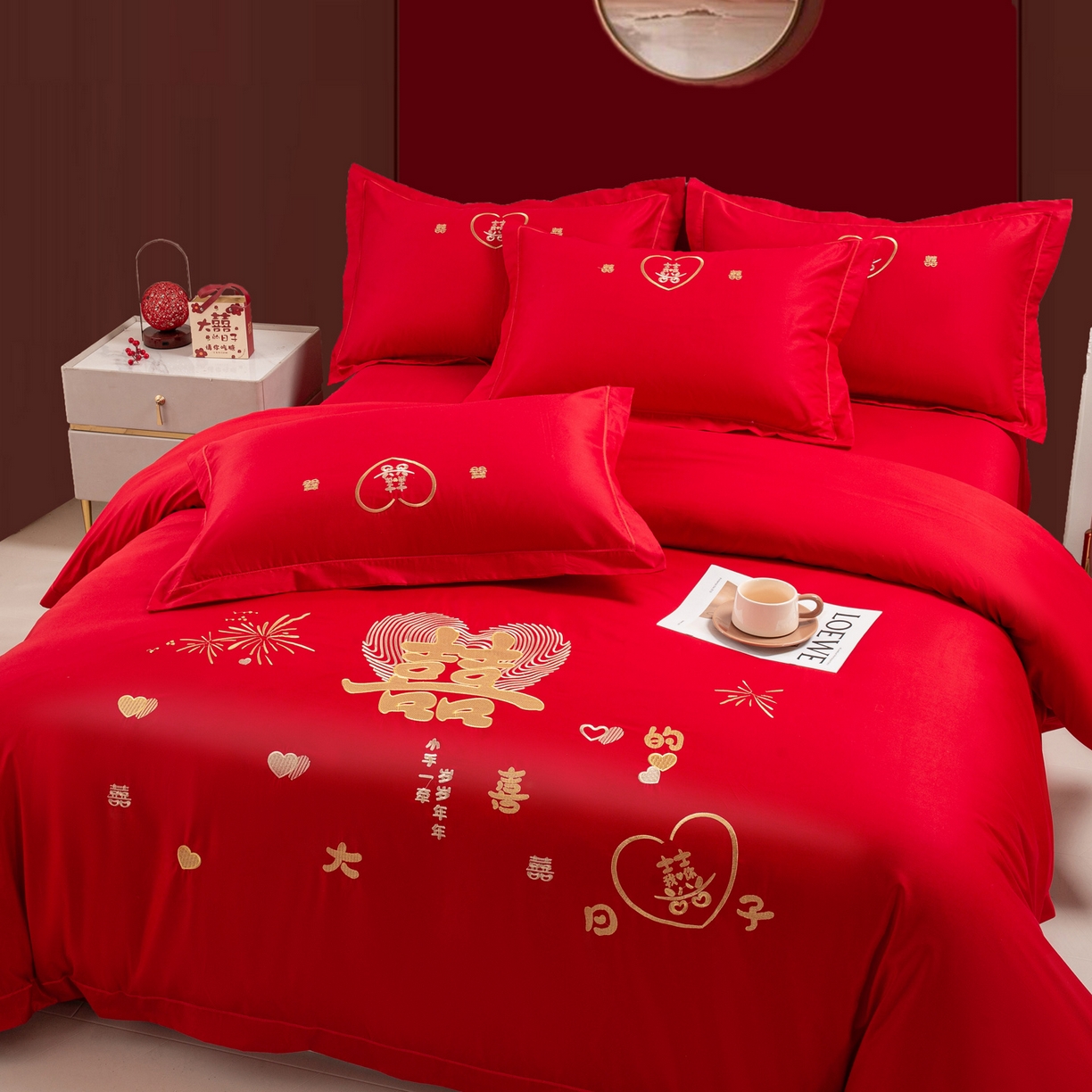 91家纺网 家纺一手货源 找家纺 银石 2026新款婚庆全棉刺绣四件套 情投意合