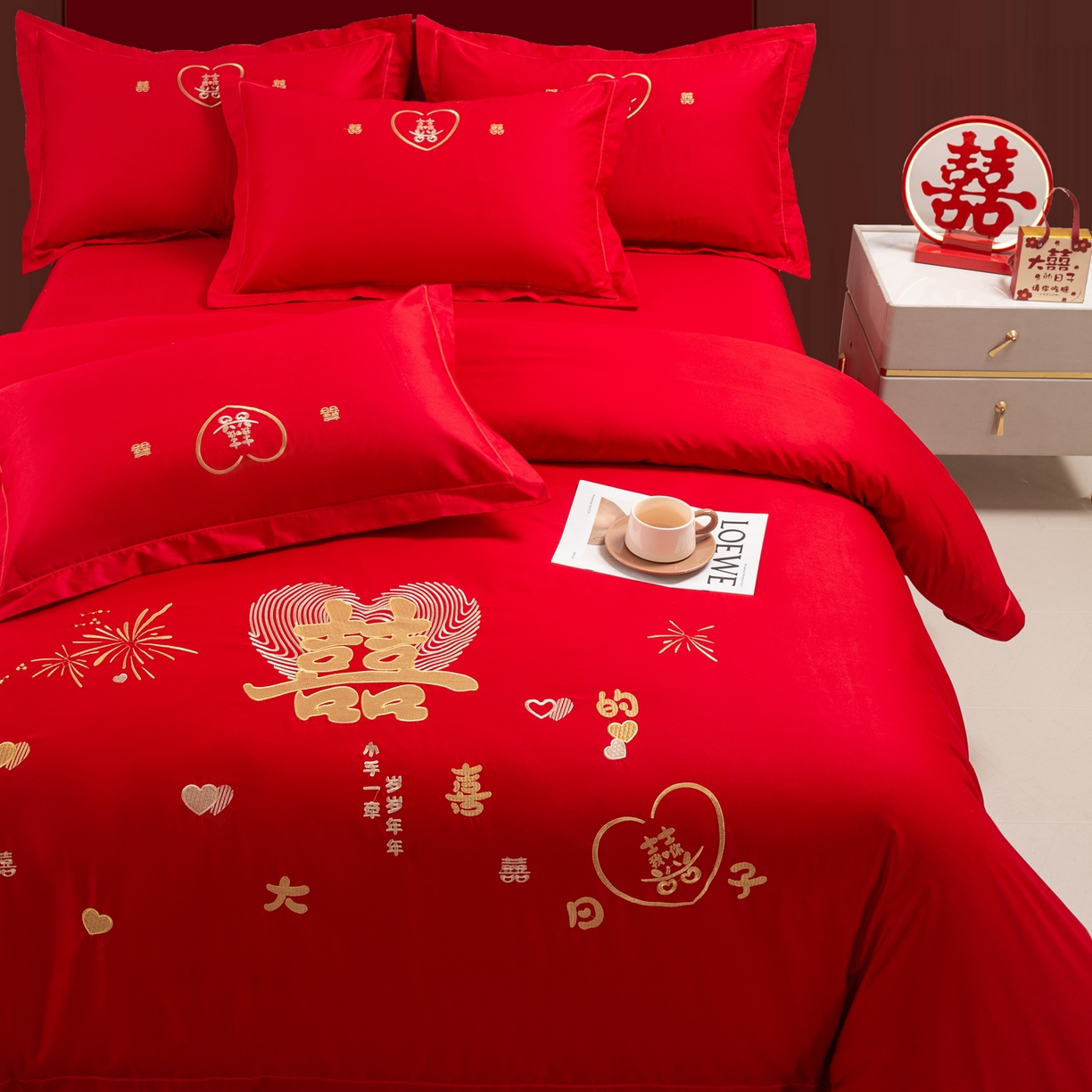 91家纺网 家纺一手货源 找家纺 银石 2026新款婚庆全棉刺绣四件套 情投意合