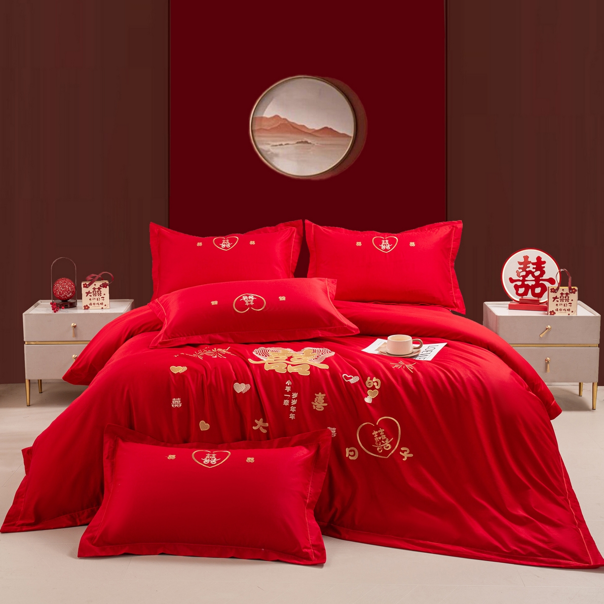 91家纺网 家纺一手货源 找家纺 银石 2026新款婚庆全棉刺绣四件套 情投意合