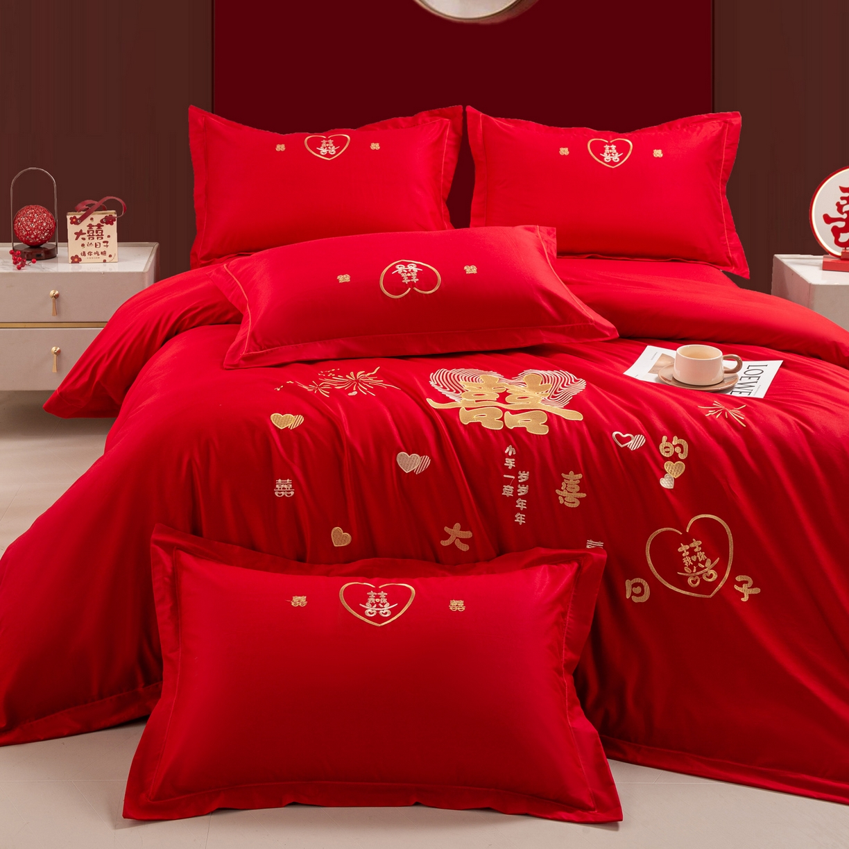 91家纺网 家纺一手货源 找家纺 银石 2026新款婚庆全棉刺绣四件套 情投意合