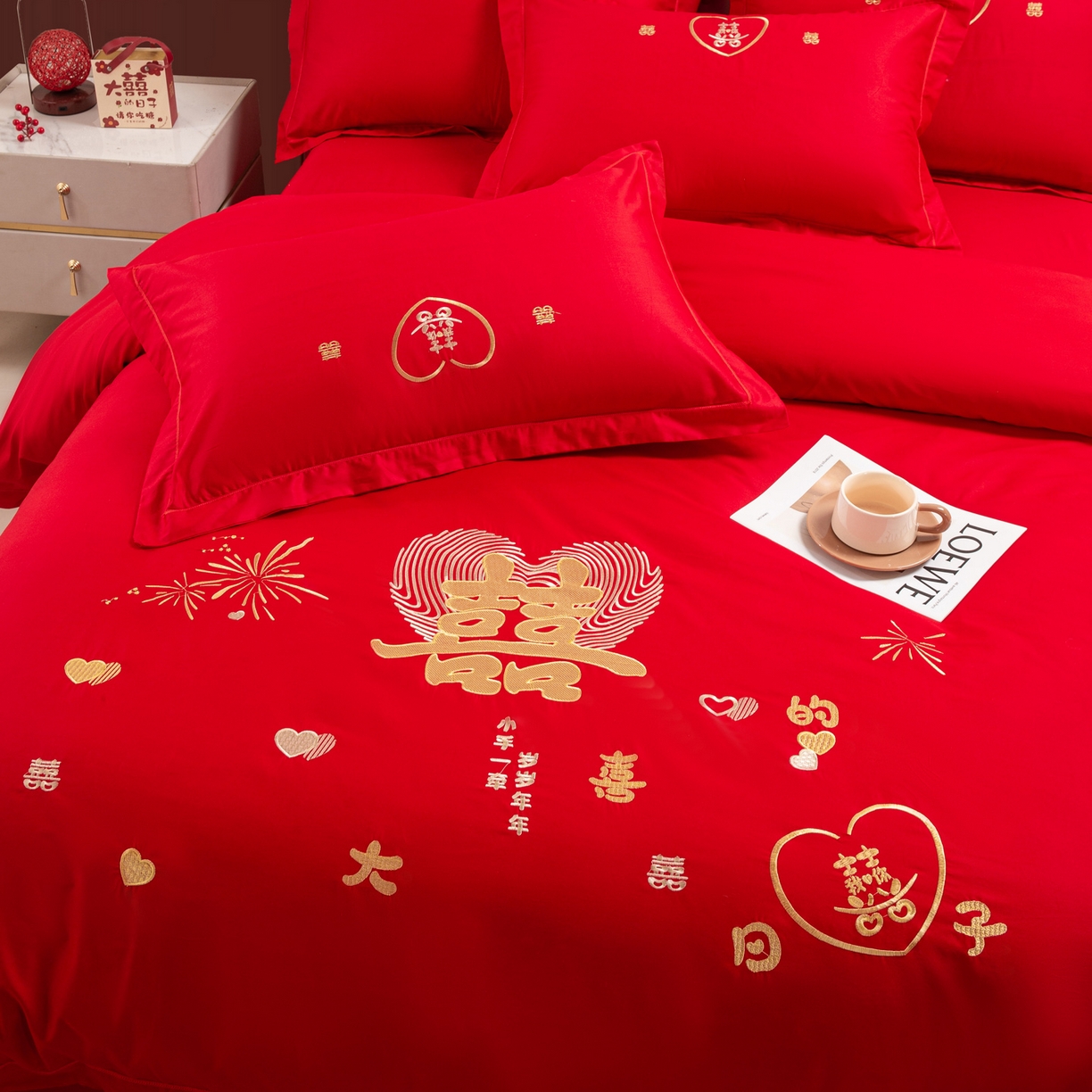 91家纺网 家纺一手货源 找家纺 银石 2026新款婚庆全棉刺绣四件套 情投意合