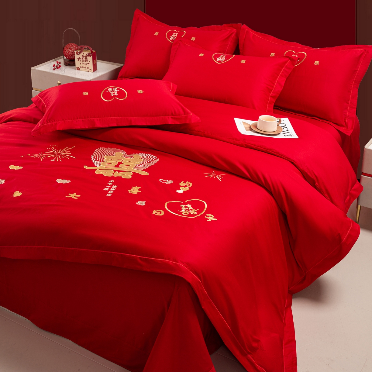 91家纺网 家纺一手货源 找家纺 银石 2026新款婚庆全棉刺绣四件套 情投意合