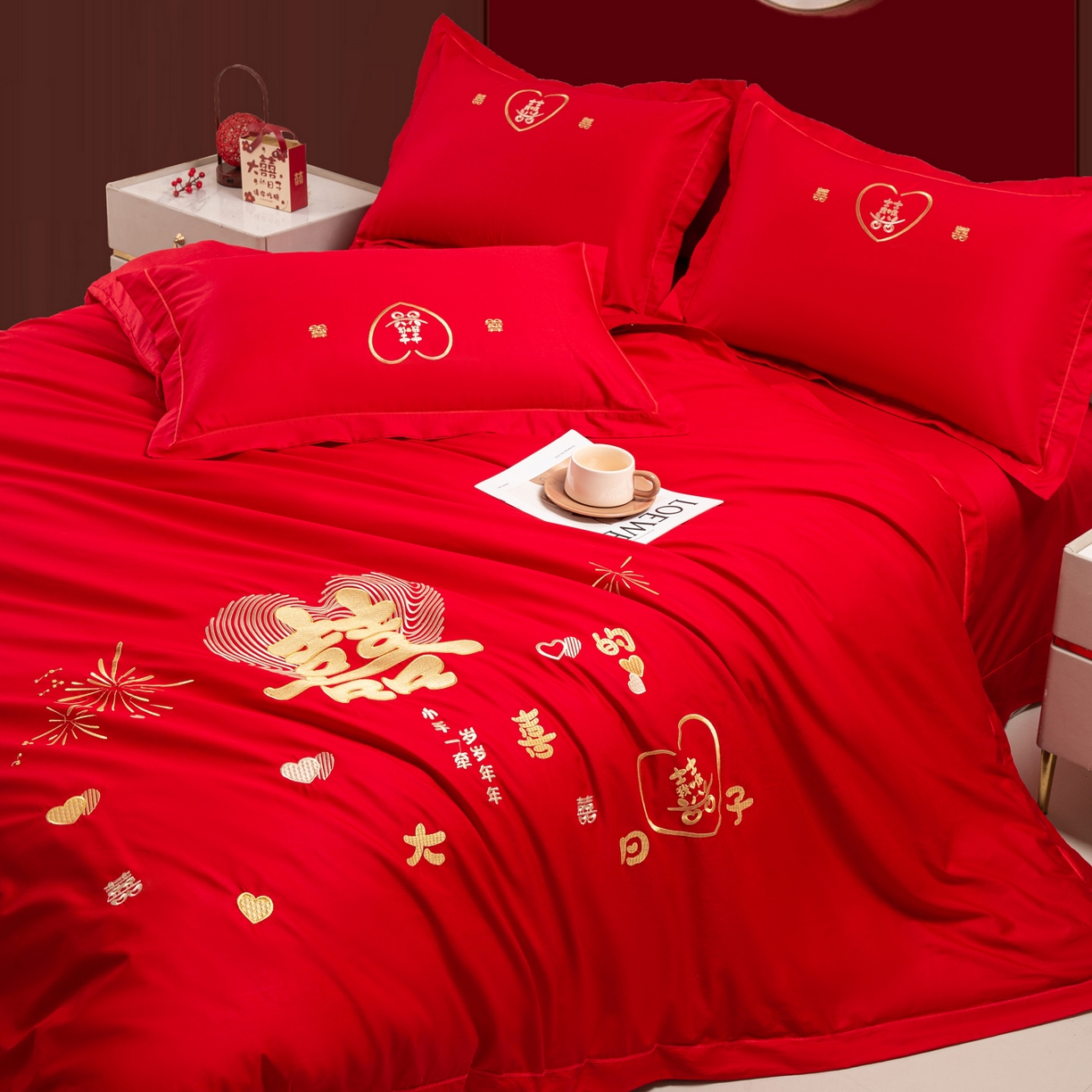 91家纺网 家纺一手货源 找家纺 银石 2026新款婚庆全棉刺绣四件套 情投意合