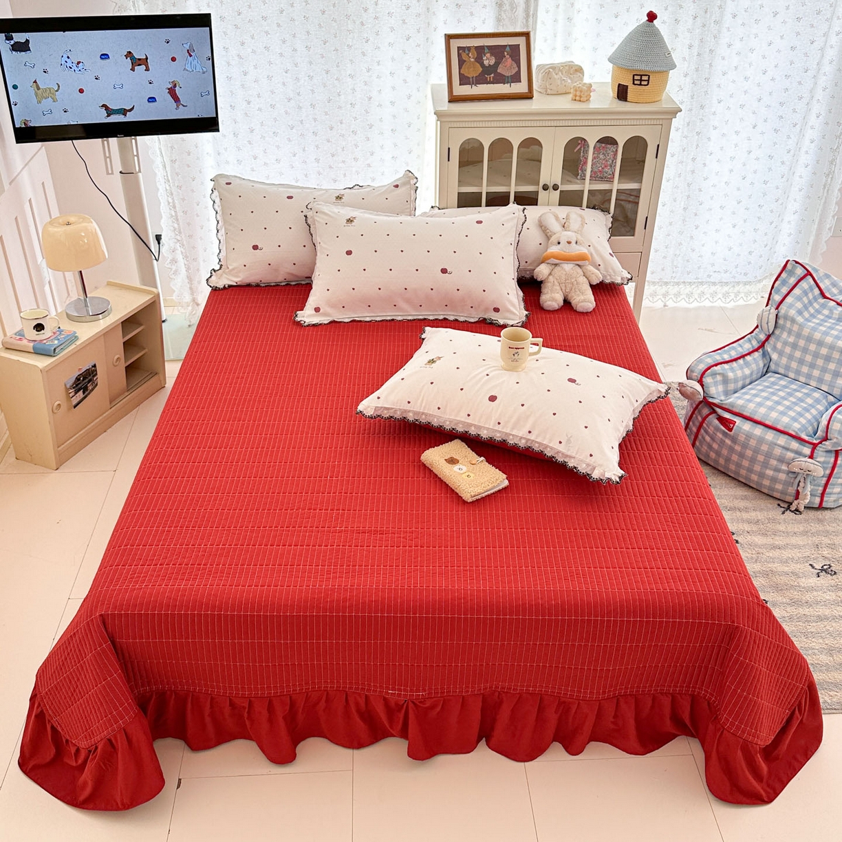 91家纺网 家纺一手货源 找家纺 莱米家纺 2026春夏新款亲肤花边全棉床盖四件套 苹果小熊