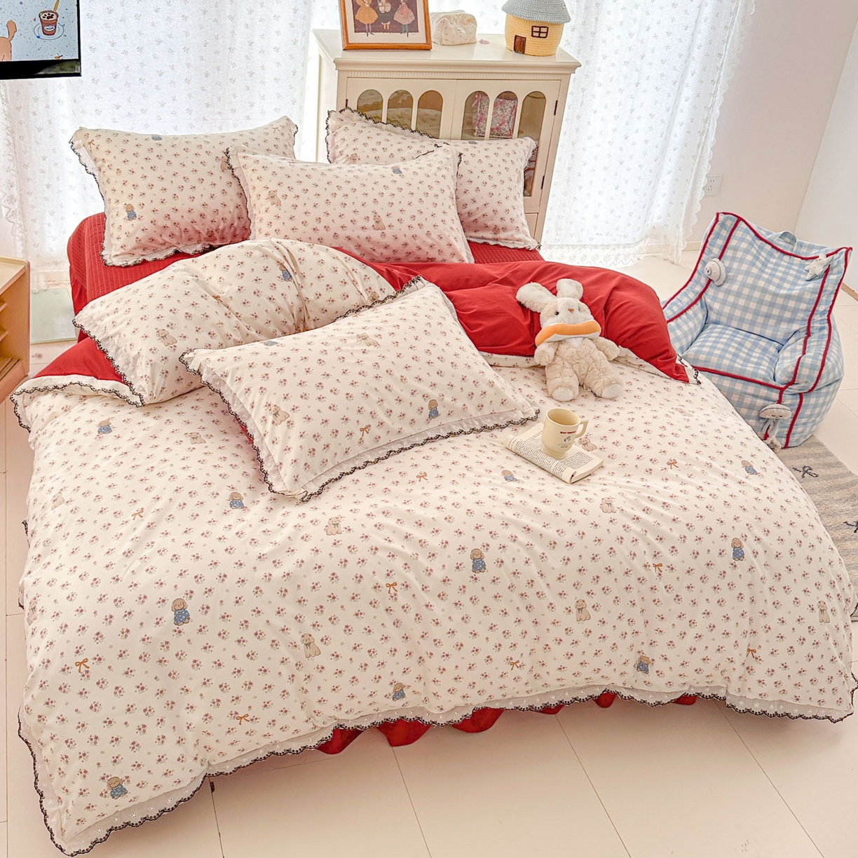 91家纺网 家纺一手货源 找家纺 莱米家纺 2026春夏新款亲肤花边全棉床盖四件套 花团锦簇