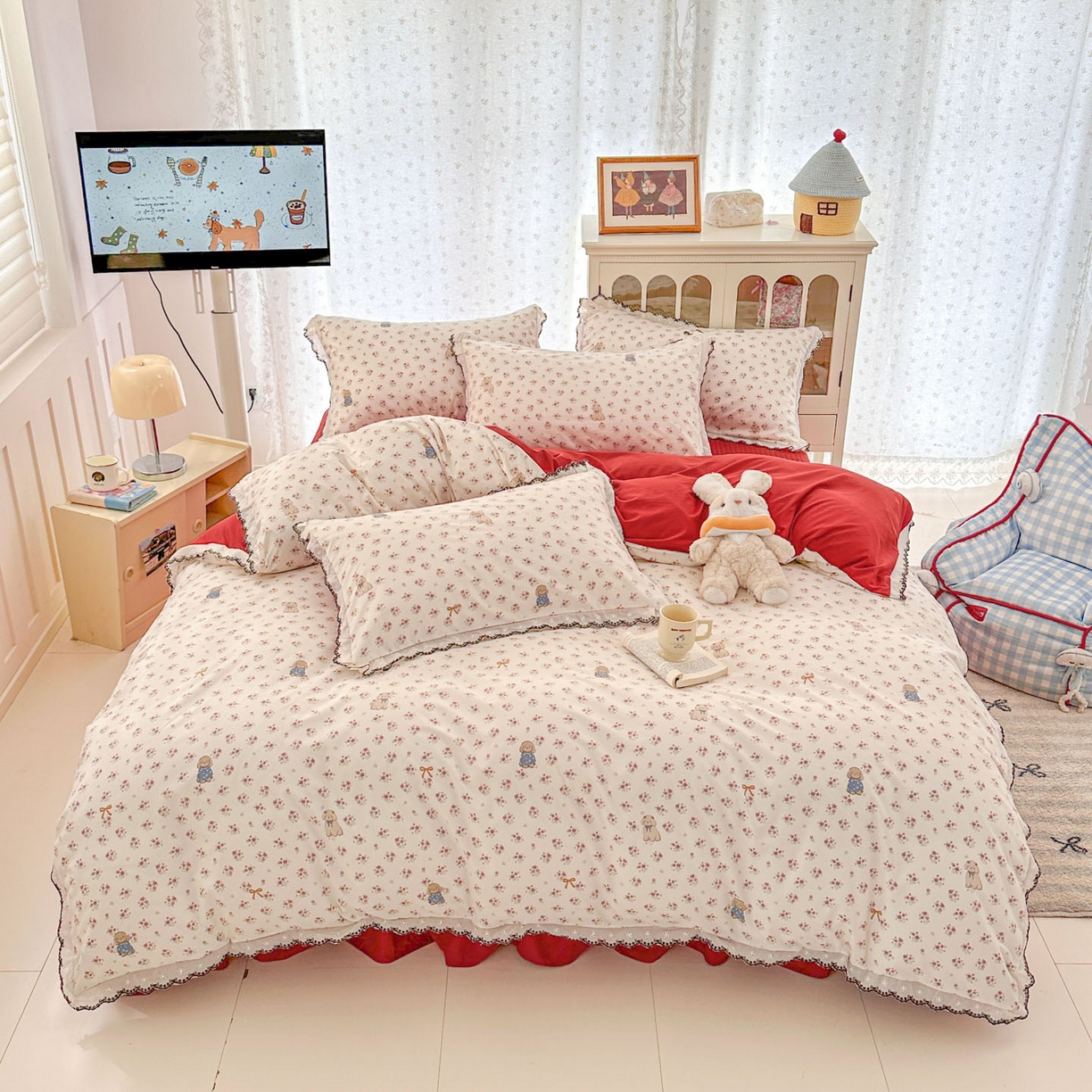 91家纺网 家纺一手货源 找家纺 莱米家纺 2026春夏新款亲肤花边全棉床盖四件套 花团锦簇