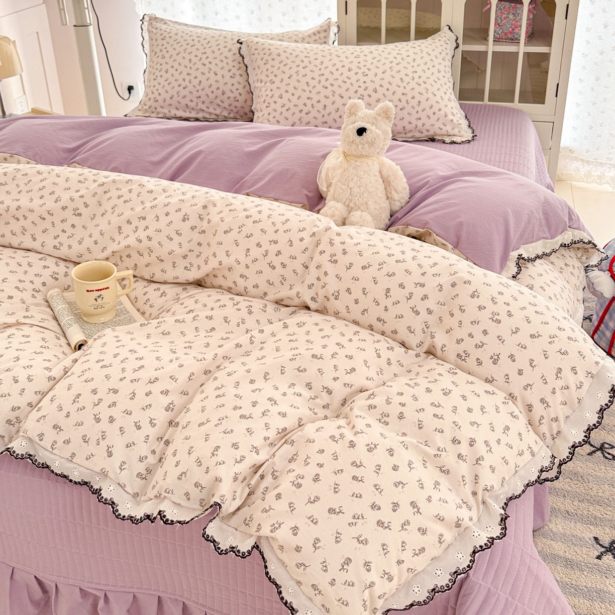 91家纺网 家纺一手货源 找家纺 莱米家纺 2026春夏新款亲肤花边全棉床盖四件套 紫韵