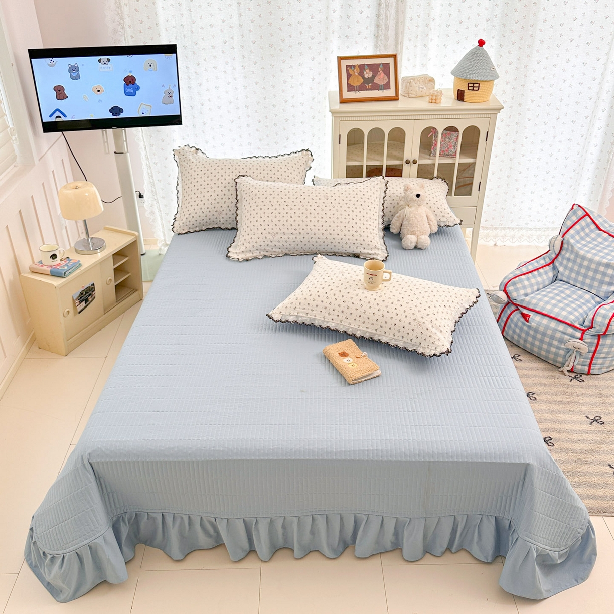 91家纺网 家纺一手货源 找家纺 莱米家纺 2026春夏新款亲肤花边全棉床盖四件套 温柔蜜语-蓝