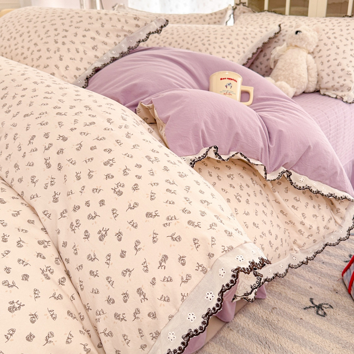 莱米家纺 2026春夏新款亲肤花边全棉床盖四件套 紫韵
