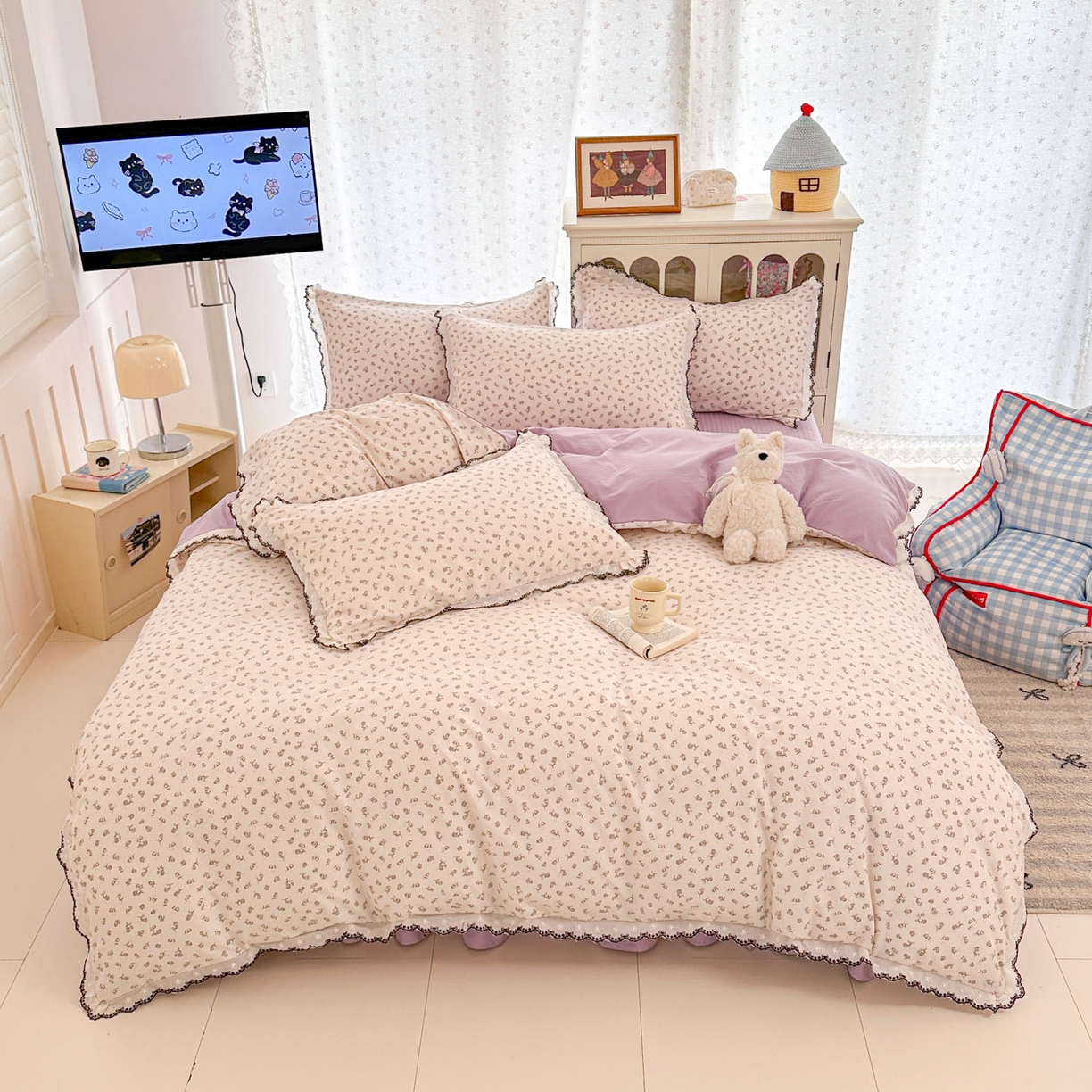 91家纺网 家纺一手货源 找家纺 莱米家纺 2026春夏新款亲肤花边全棉床盖四件套 紫韵