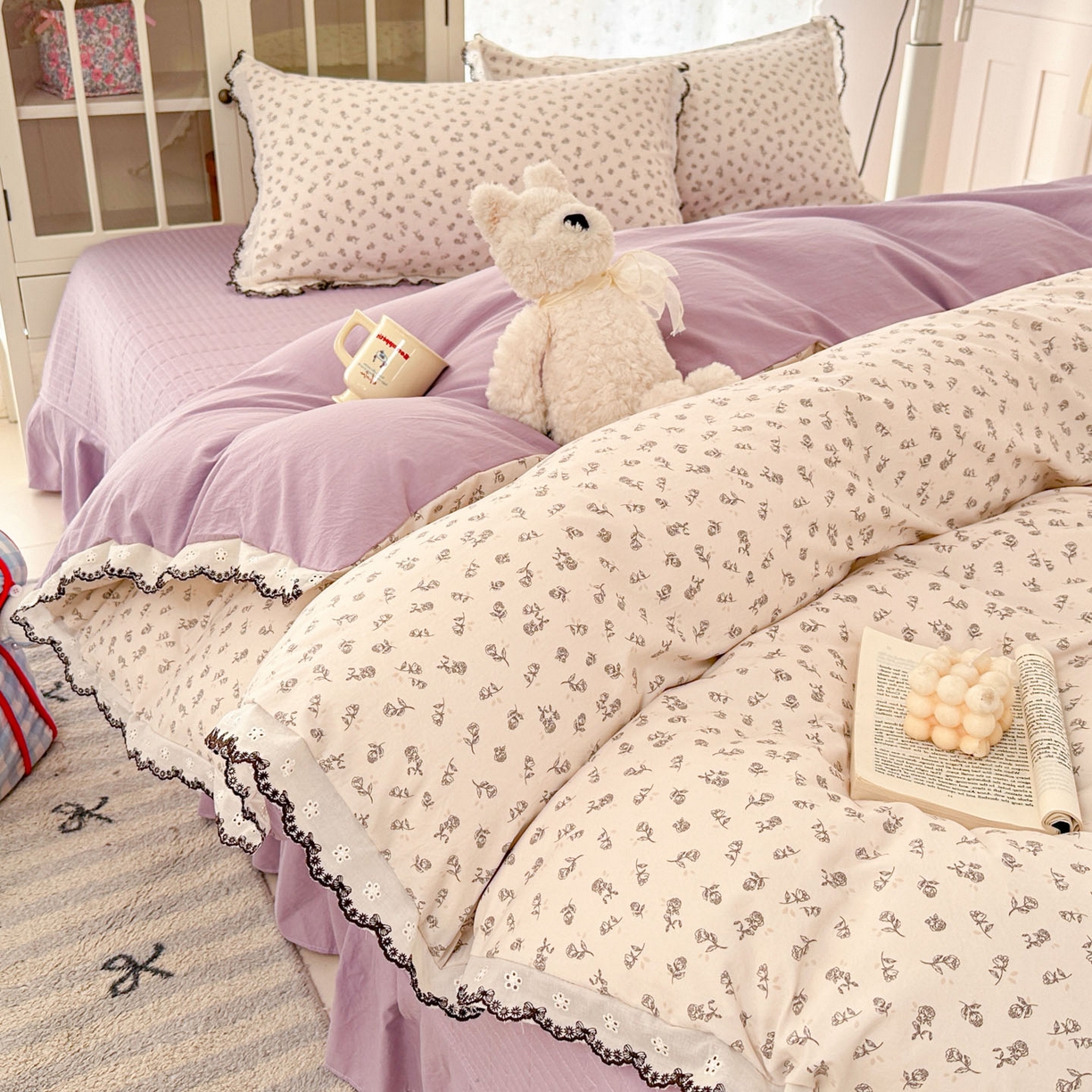 91家纺网 家纺一手货源 找家纺 莱米家纺 2026春夏新款亲肤花边全棉床盖四件套 紫韵