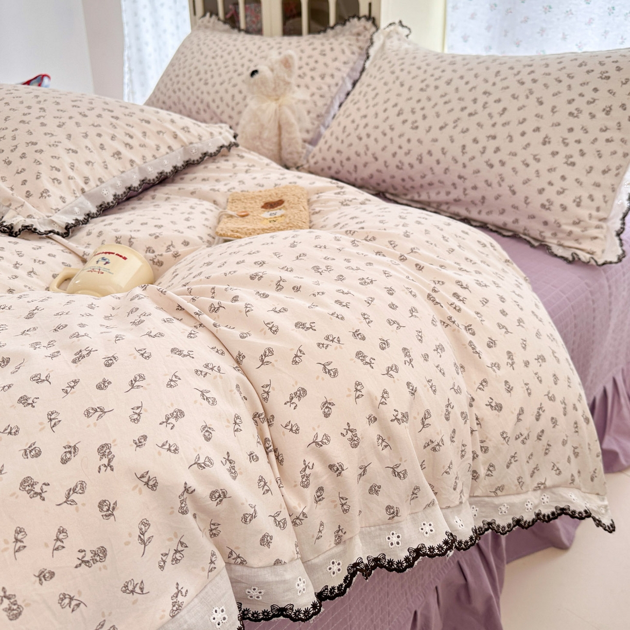 91家纺网 家纺一手货源 找家纺 莱米家纺 2026春夏新款亲肤花边全棉床盖四件套 紫韵