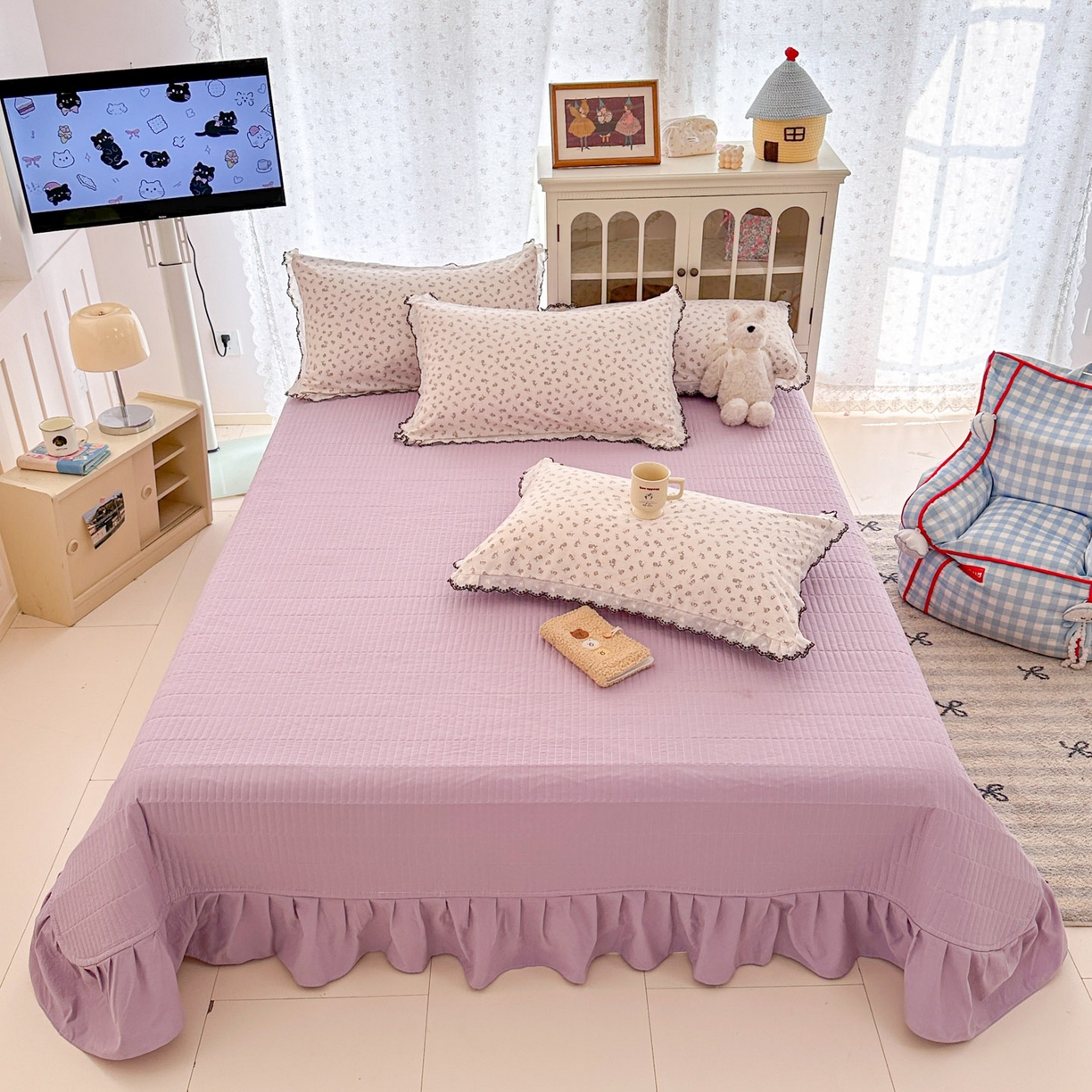 91家纺网 家纺一手货源 找家纺 莱米家纺 2026春夏新款亲肤花边全棉床盖四件套 紫韵