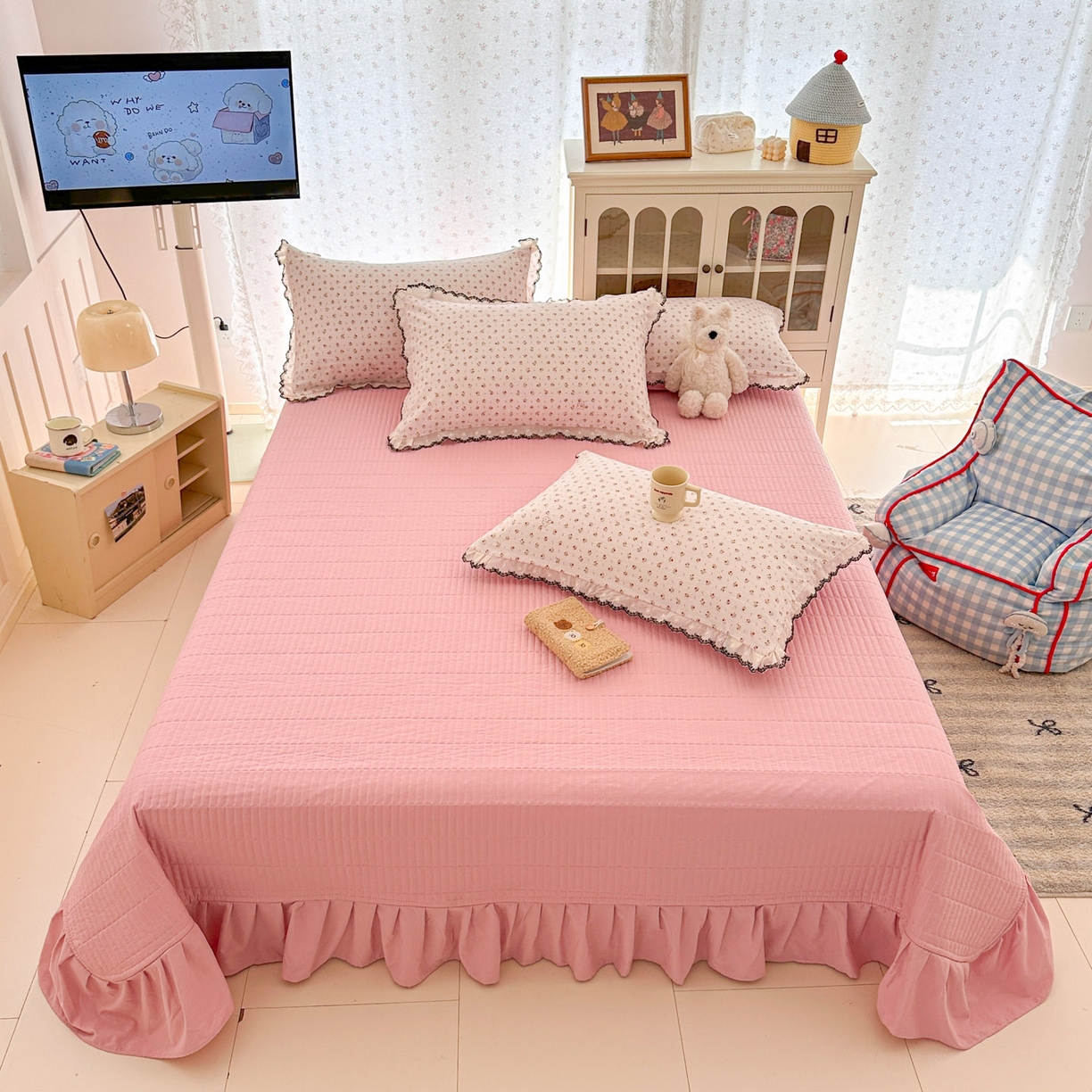 91家纺网 家纺一手货源 找家纺 莱米家纺 2026春夏新款亲肤花边全棉床盖四件套 温柔蜜语-粉