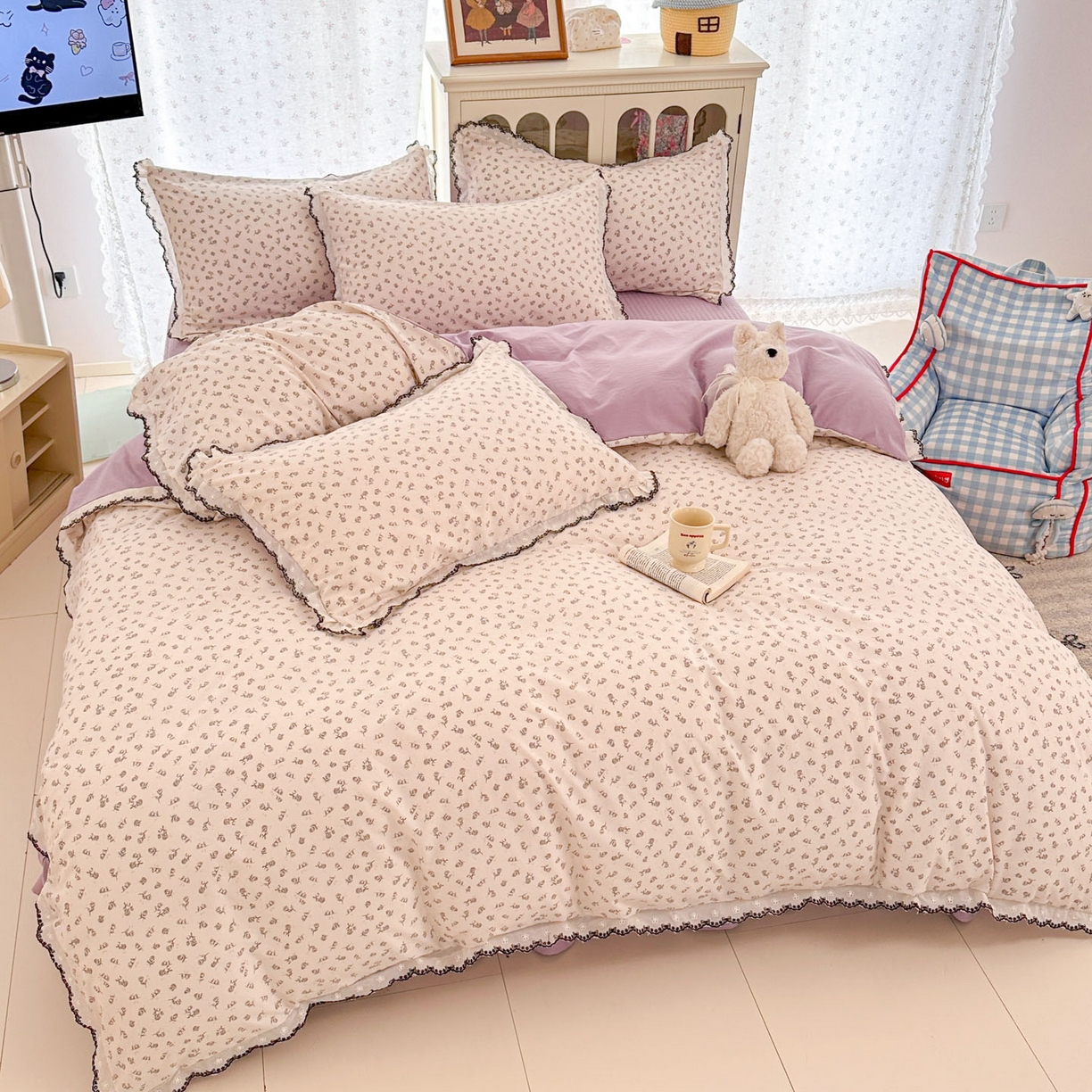 91家纺网 家纺一手货源 找家纺 莱米家纺 2026春夏新款亲肤花边全棉床盖四件套 紫韵