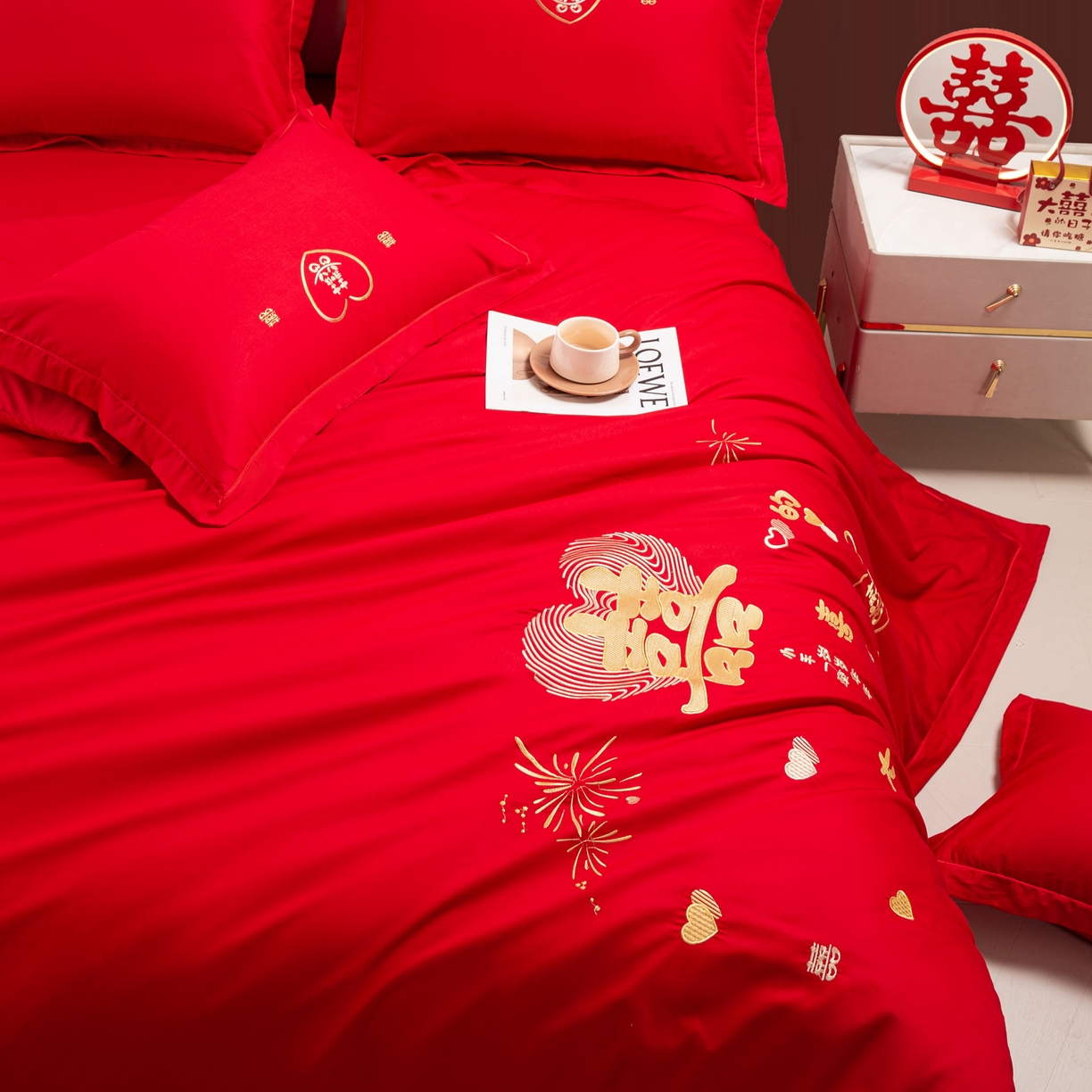 91家纺网 家纺一手货源 找家纺 银石 2026新款婚庆全棉刺绣四件套 情投意合