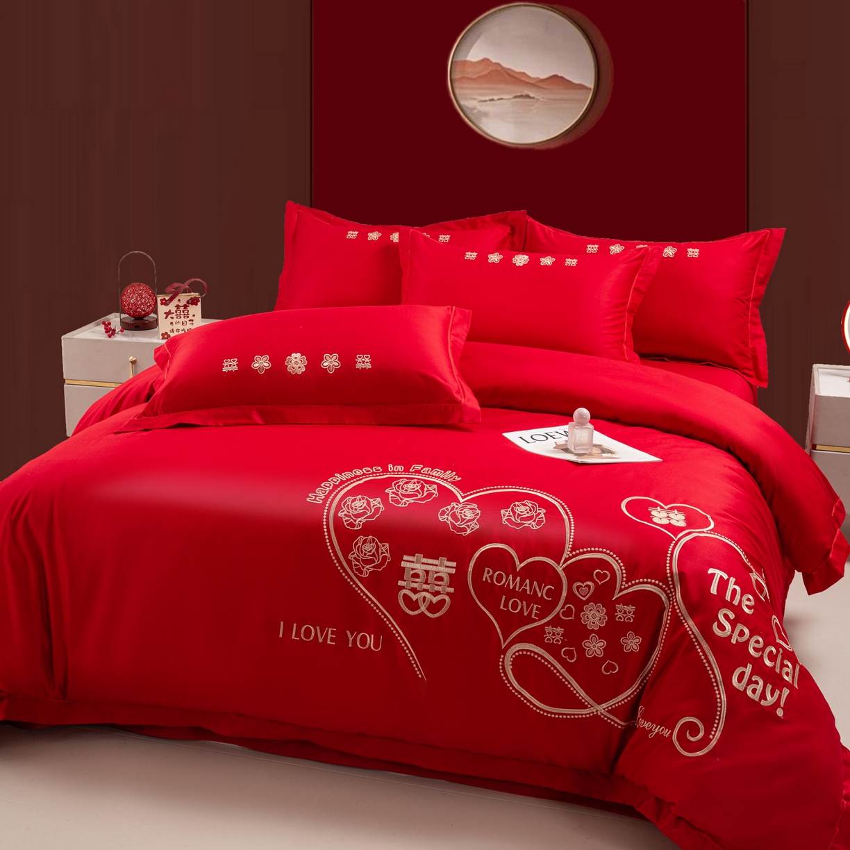 91家纺网 家纺一手货源 找家纺 银石 2025新款长绒棉婚庆绣花四件套 浪漫爱情