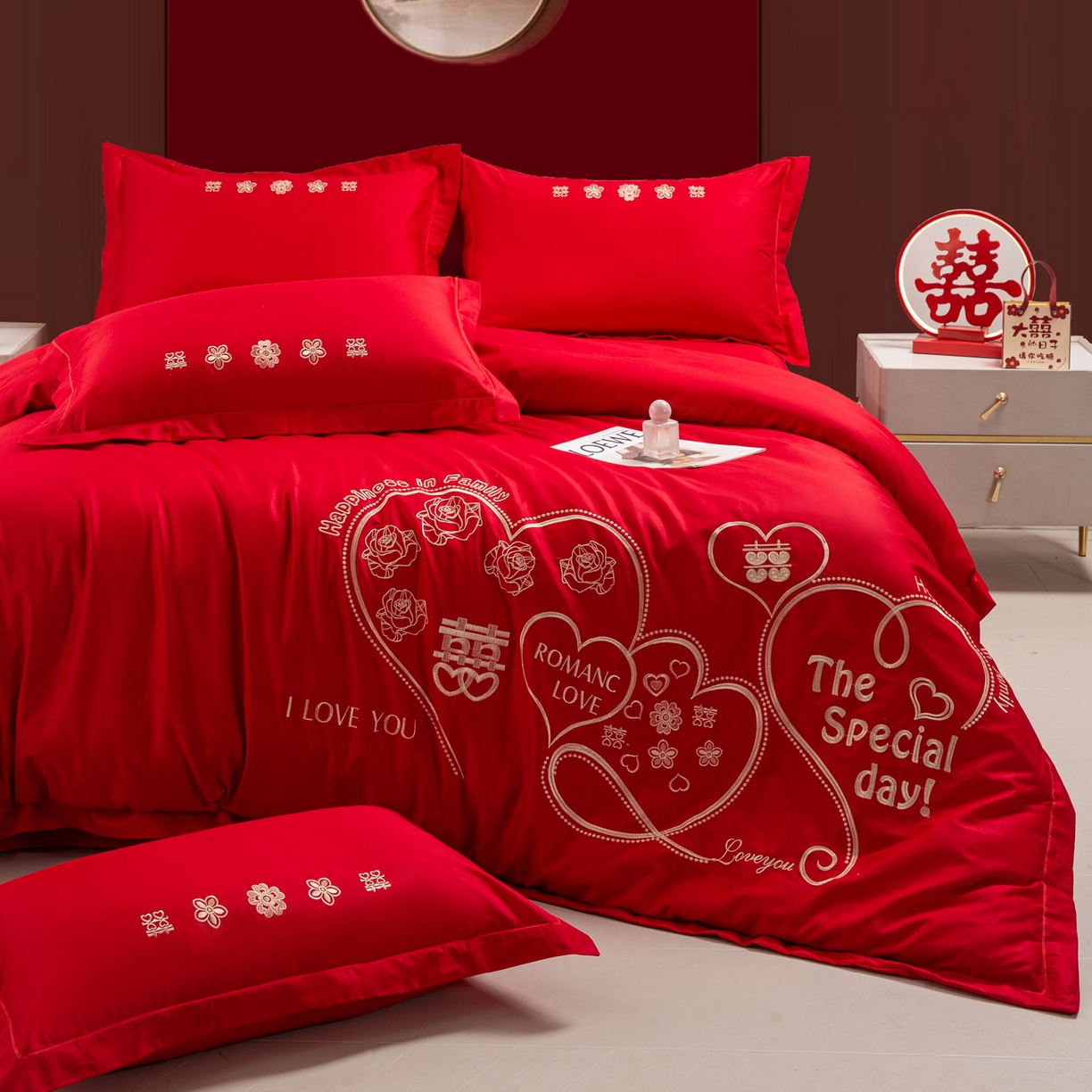 91家纺网 家纺一手货源 找家纺 银石 2025新款长绒棉婚庆绣花四件套 浪漫爱情