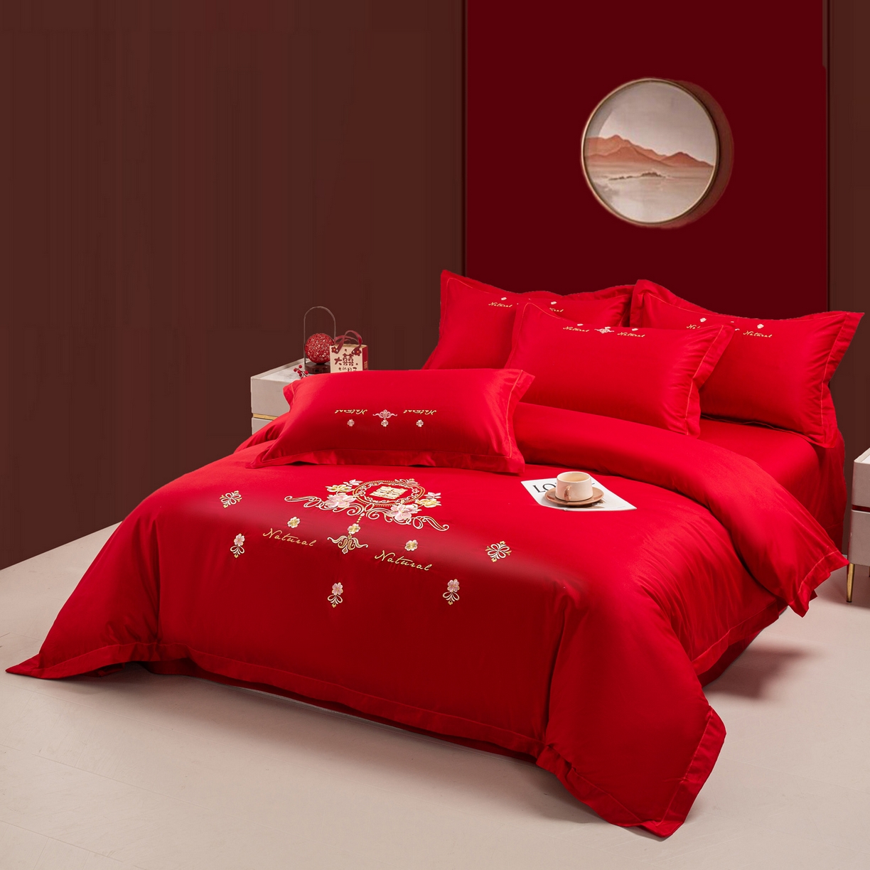 91家纺网 家纺一手货源 找家纺 银石 2025新款长绒棉婚庆绣花四件套 花团锦簇