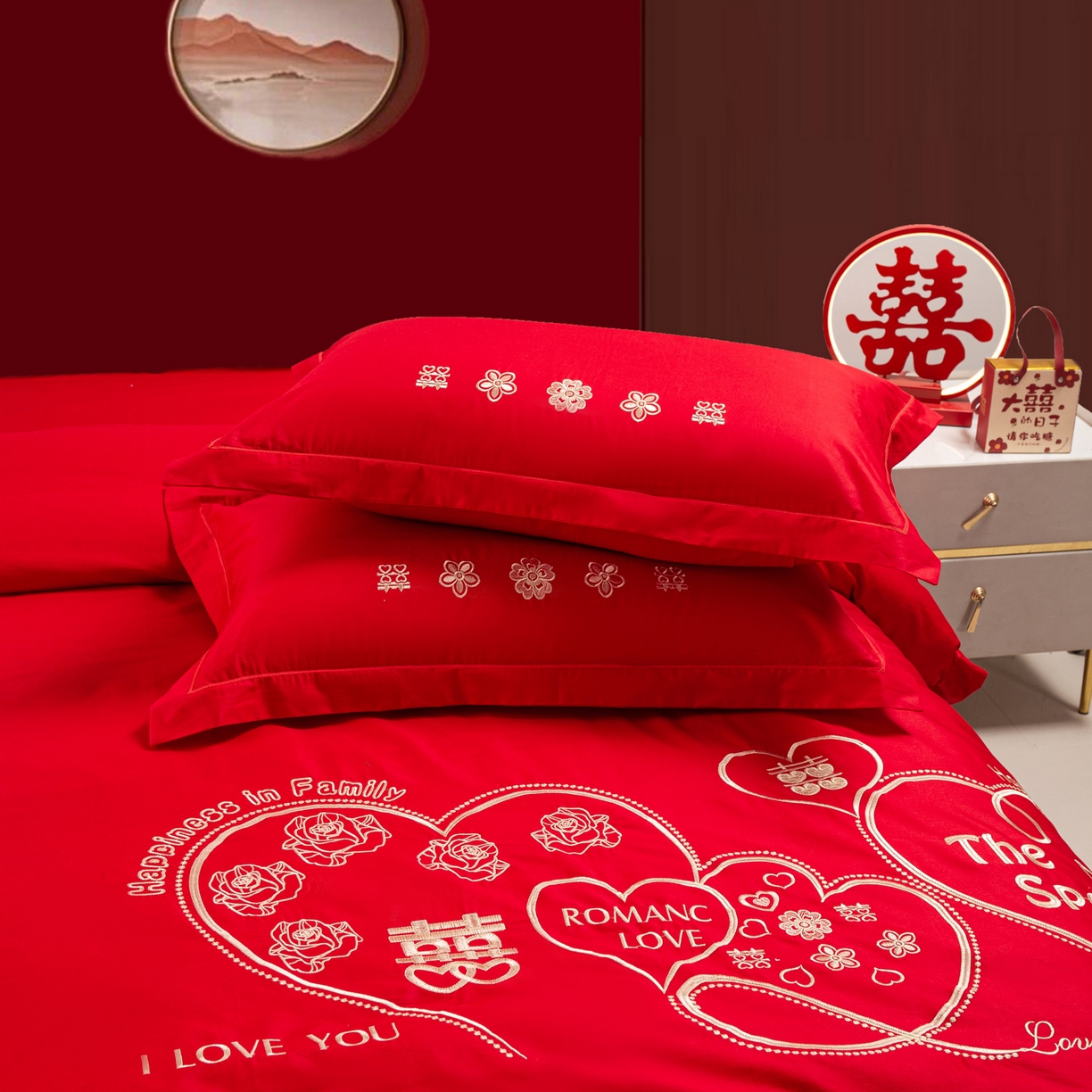 91家纺网 家纺一手货源 找家纺 银石 2025新款长绒棉婚庆绣花四件套 浪漫爱情