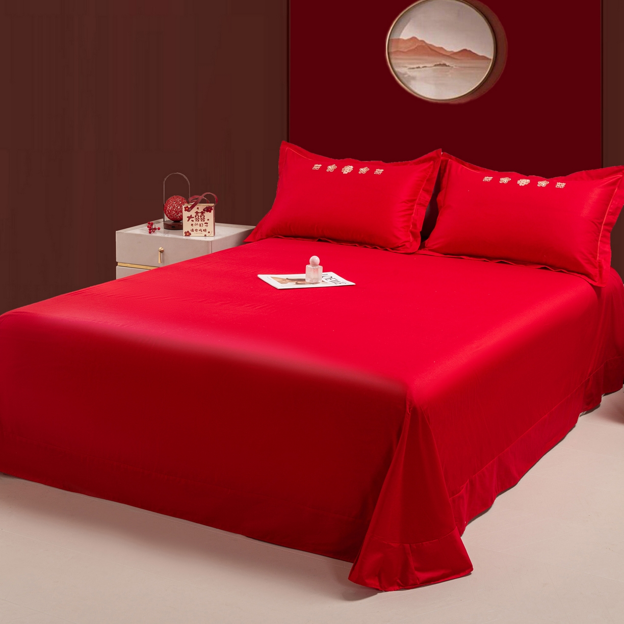 91家纺网 家纺一手货源 找家纺 银石 2025新款长绒棉婚庆绣花四件套 浪漫爱情