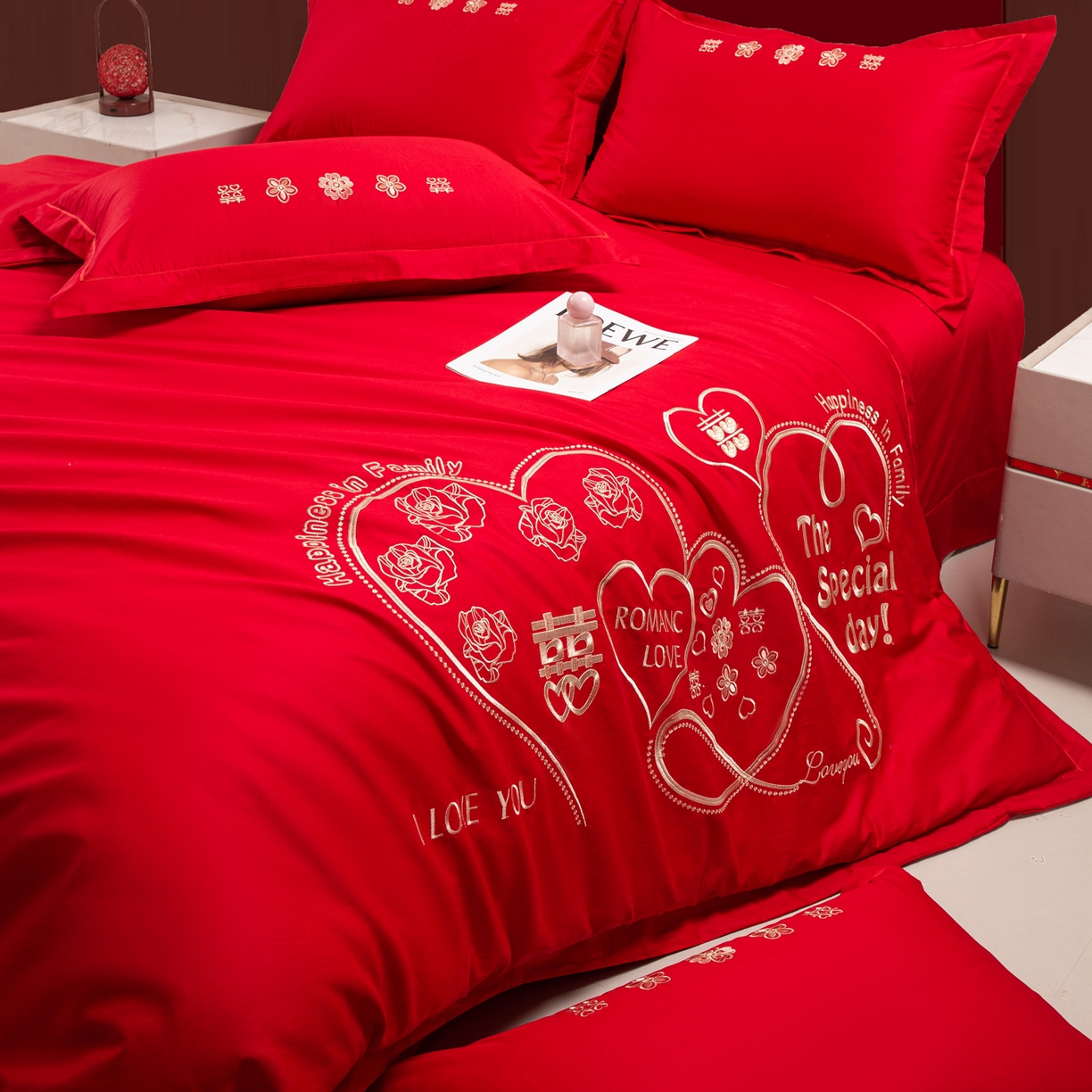 91家纺网 家纺一手货源 找家纺 银石 2025新款长绒棉婚庆绣花四件套 浪漫爱情