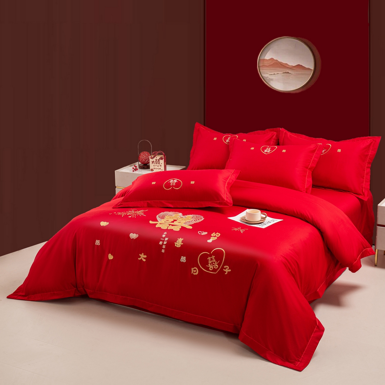 91家纺网 家纺一手货源 找家纺 银石 2025新款长绒棉婚庆绣花四件套 情投意合