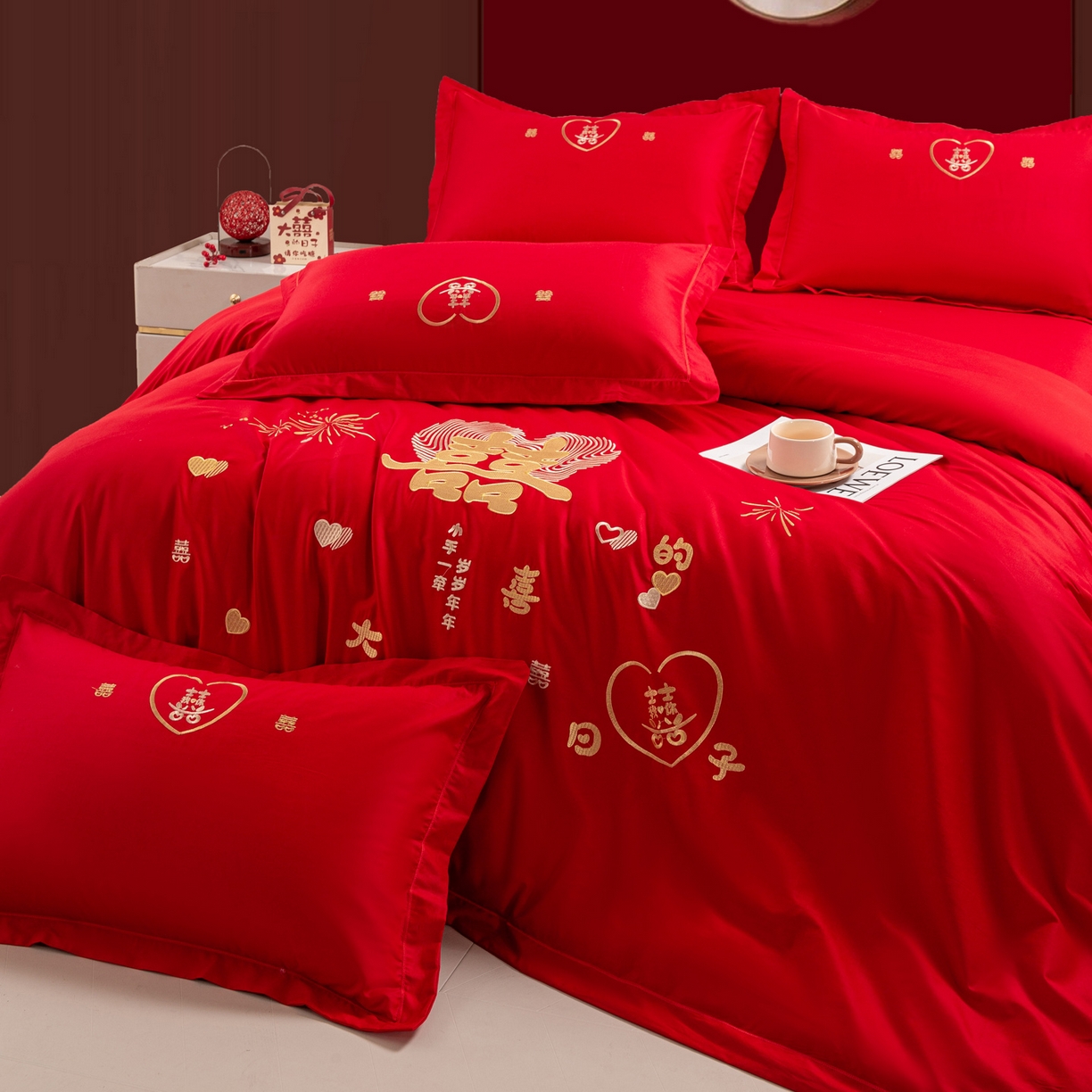 91家纺网 家纺一手货源 找家纺 银石 2025新款长绒棉婚庆绣花四件套 情投意合