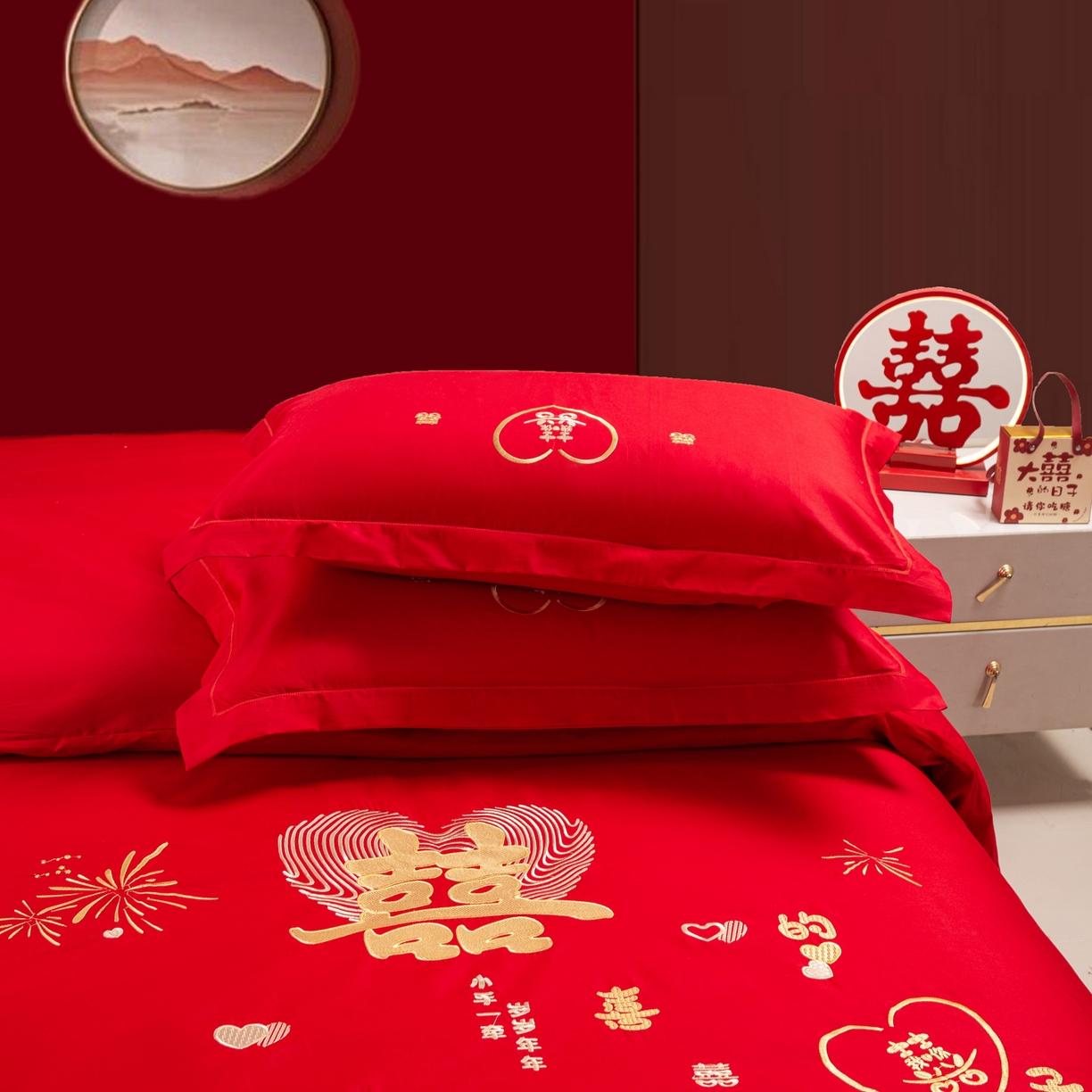 91家纺网 家纺一手货源 找家纺 银石 2025新款长绒棉婚庆绣花四件套 情投意合